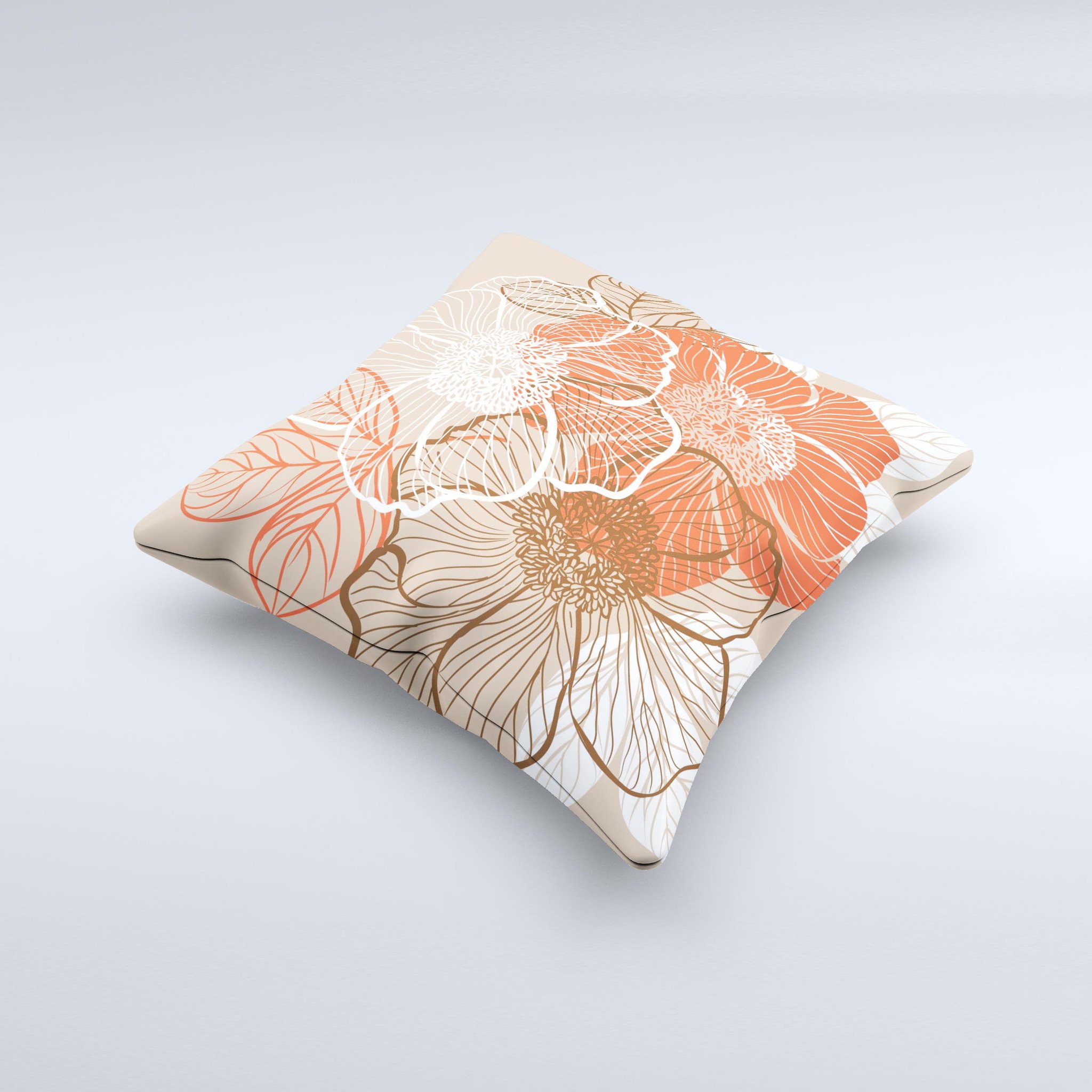 Brown and orange decorative throw pillow featuring transparent floral designs, handcrafted in Virginia with high-quality materials.