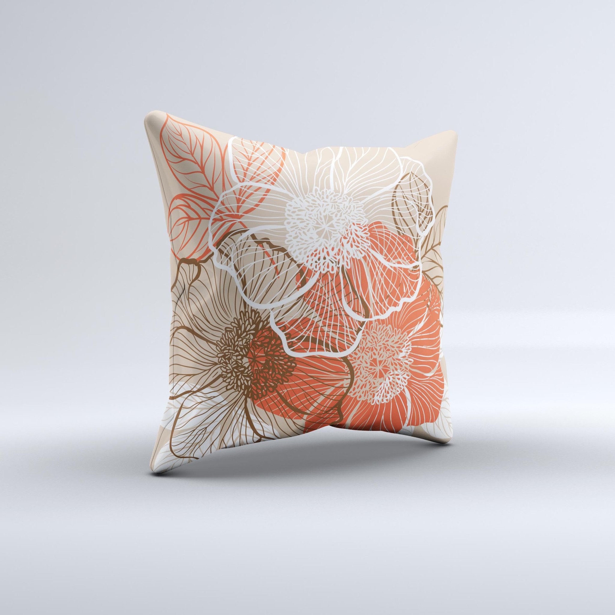 Brown and orange decorative throw pillow featuring transparent floral designs, handcrafted in Virginia with high-quality materials.