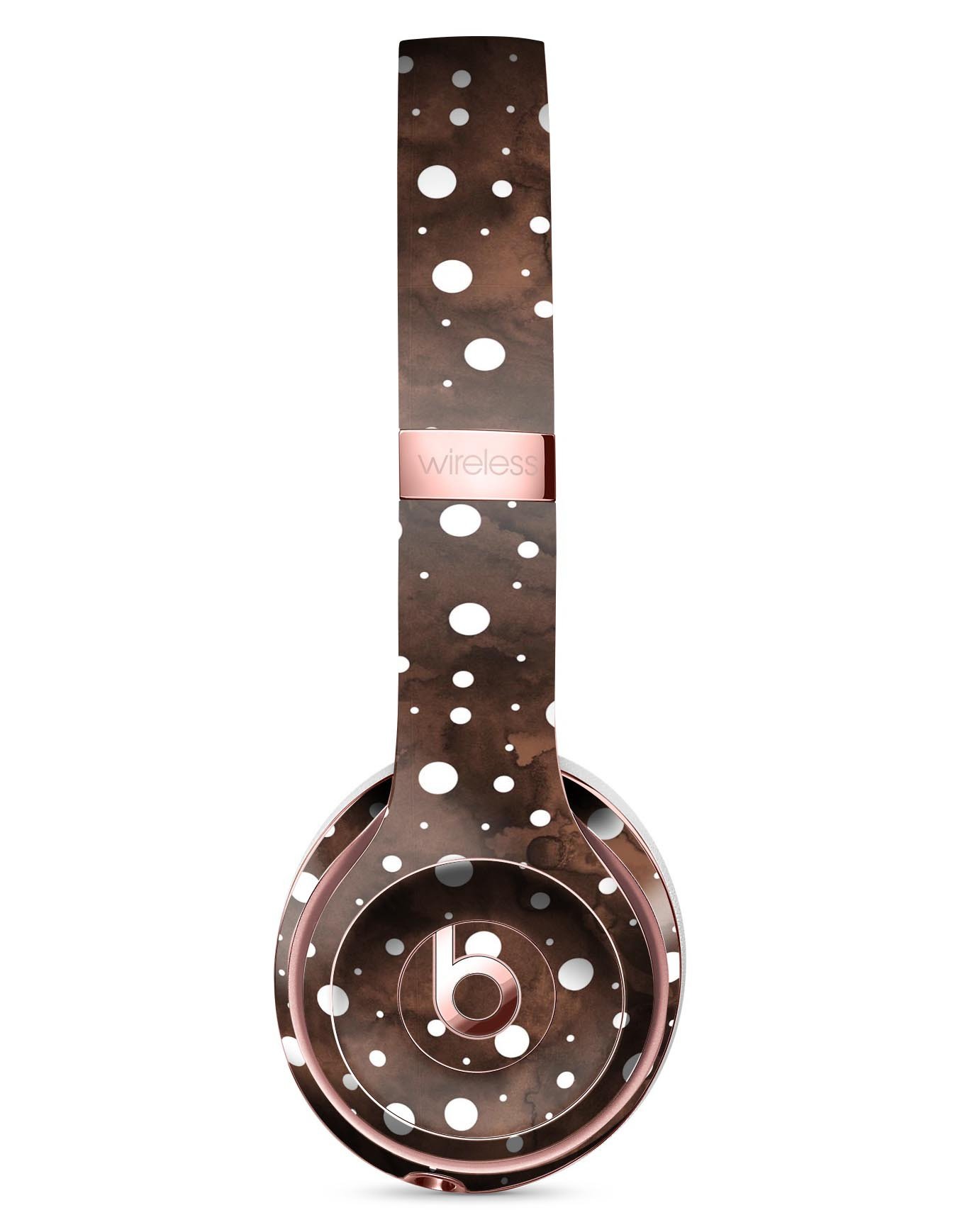 Brown and white watercolor polka dots skin kit for Beats by Dre Solo 3 Wireless Headphones, showcasing vibrant colors and stylish design.