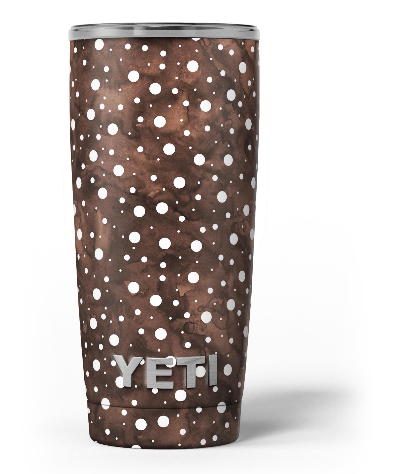 Brown and white watercolor polka dots skin decal vinyl wrap kit for Yeti Coolers, showcasing a stylish design and premium quality.