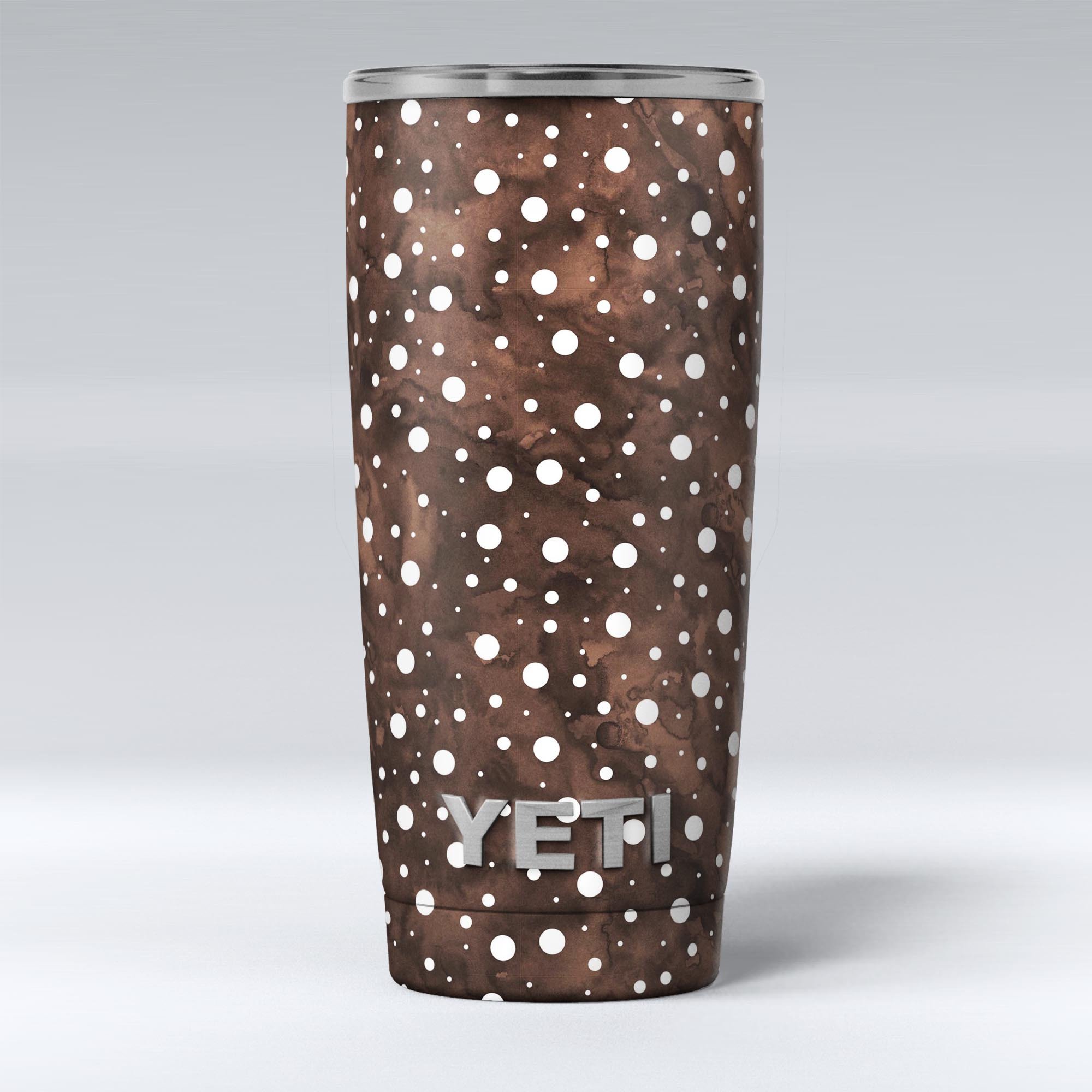 Brown and white watercolor polka dots skin decal vinyl wrap kit for Yeti Coolers, showcasing a stylish design and premium quality.