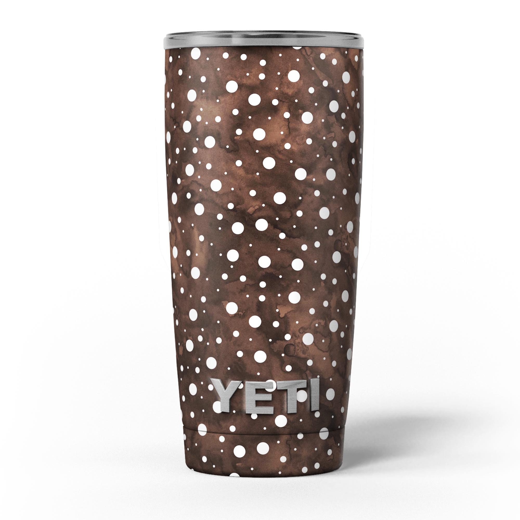 Brown and white watercolor polka dots skin decal vinyl wrap kit for Yeti Coolers, showcasing a stylish design and premium quality.