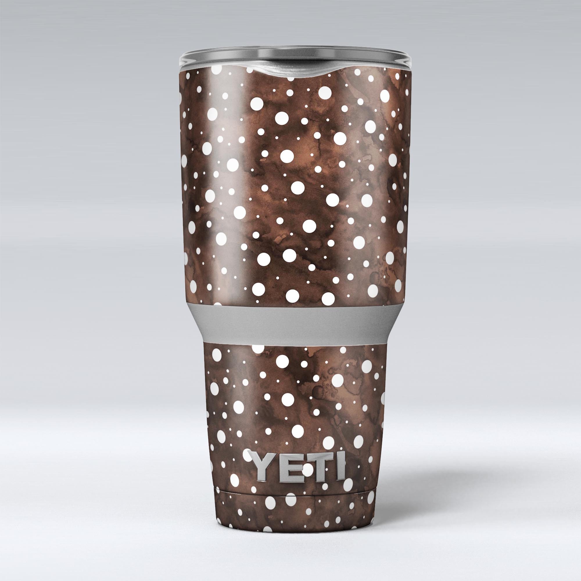 Brown and white watercolor polka dots skin decal vinyl wrap kit for Yeti Coolers, showcasing a stylish design and premium quality.