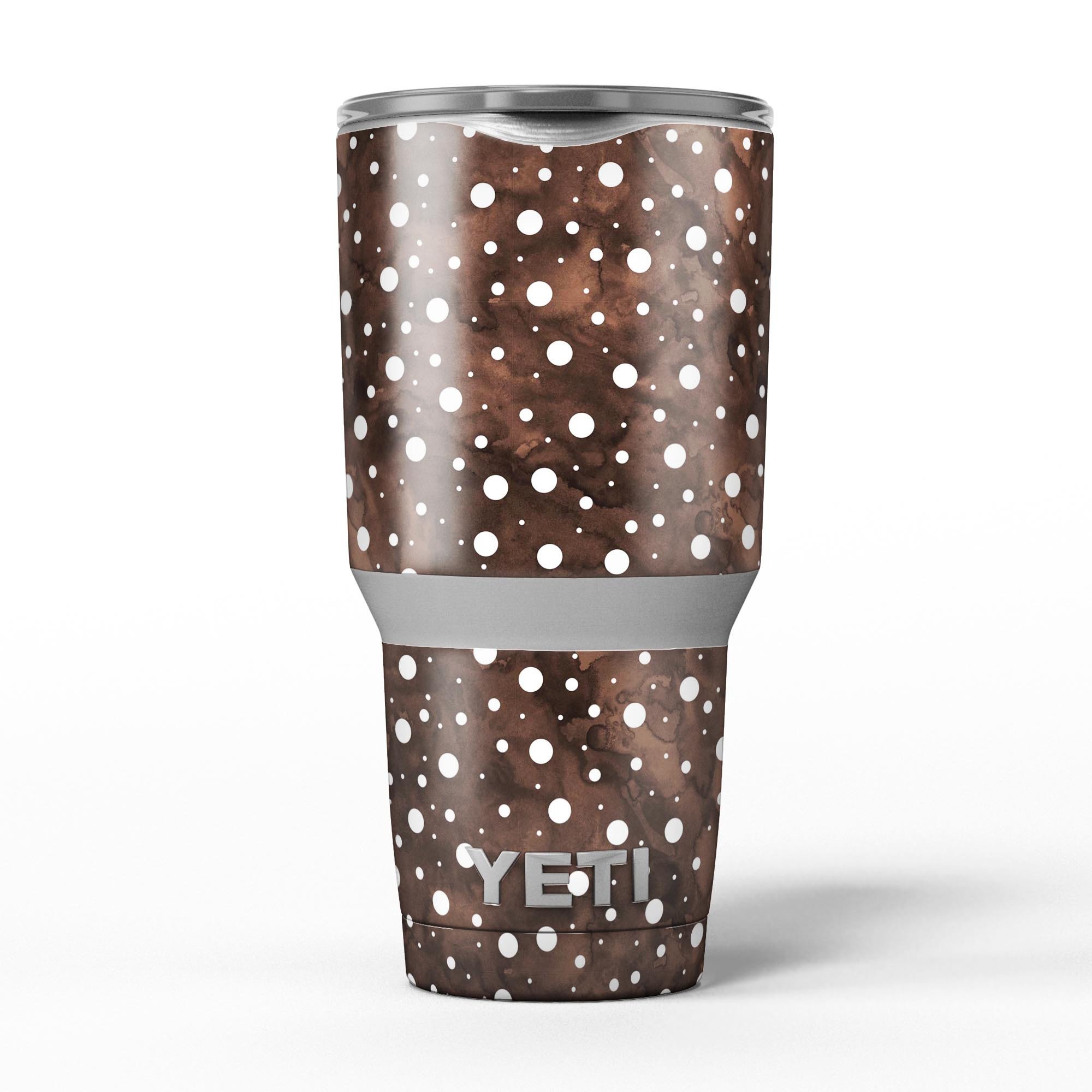 Brown and white watercolor polka dots skin decal vinyl wrap kit for Yeti Coolers, showcasing a stylish design and premium quality.