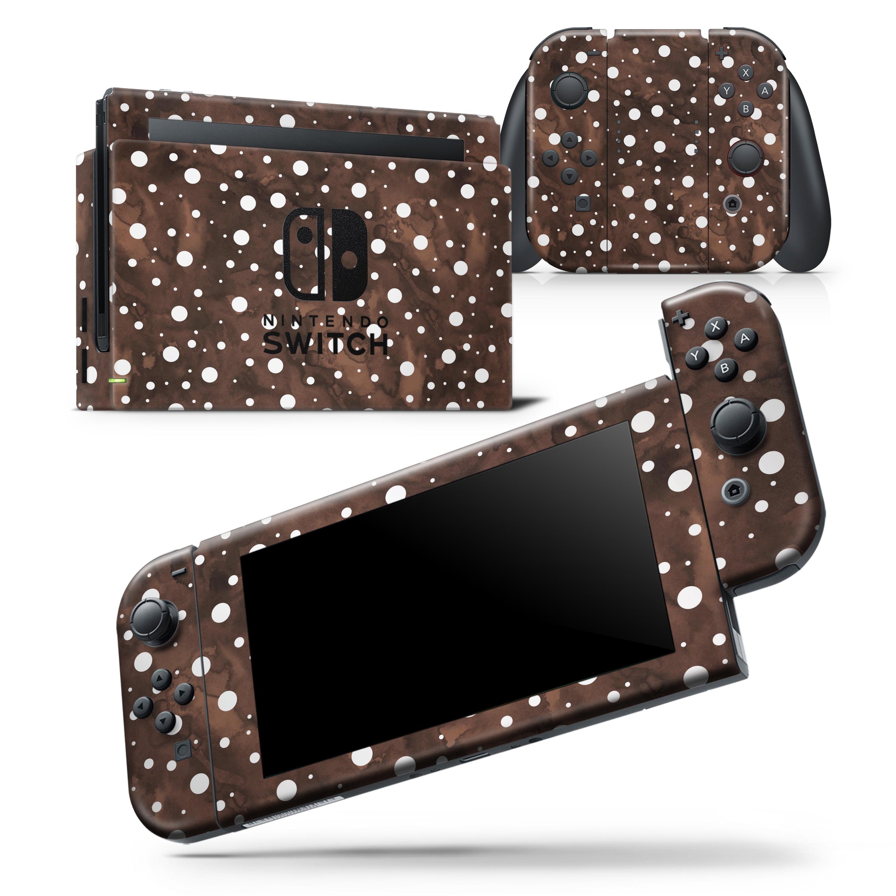 Brown and white watercolor polka dots skin wrap decal for Nintendo Switch, showcasing a stylish design that fits snugly on the console and controllers.