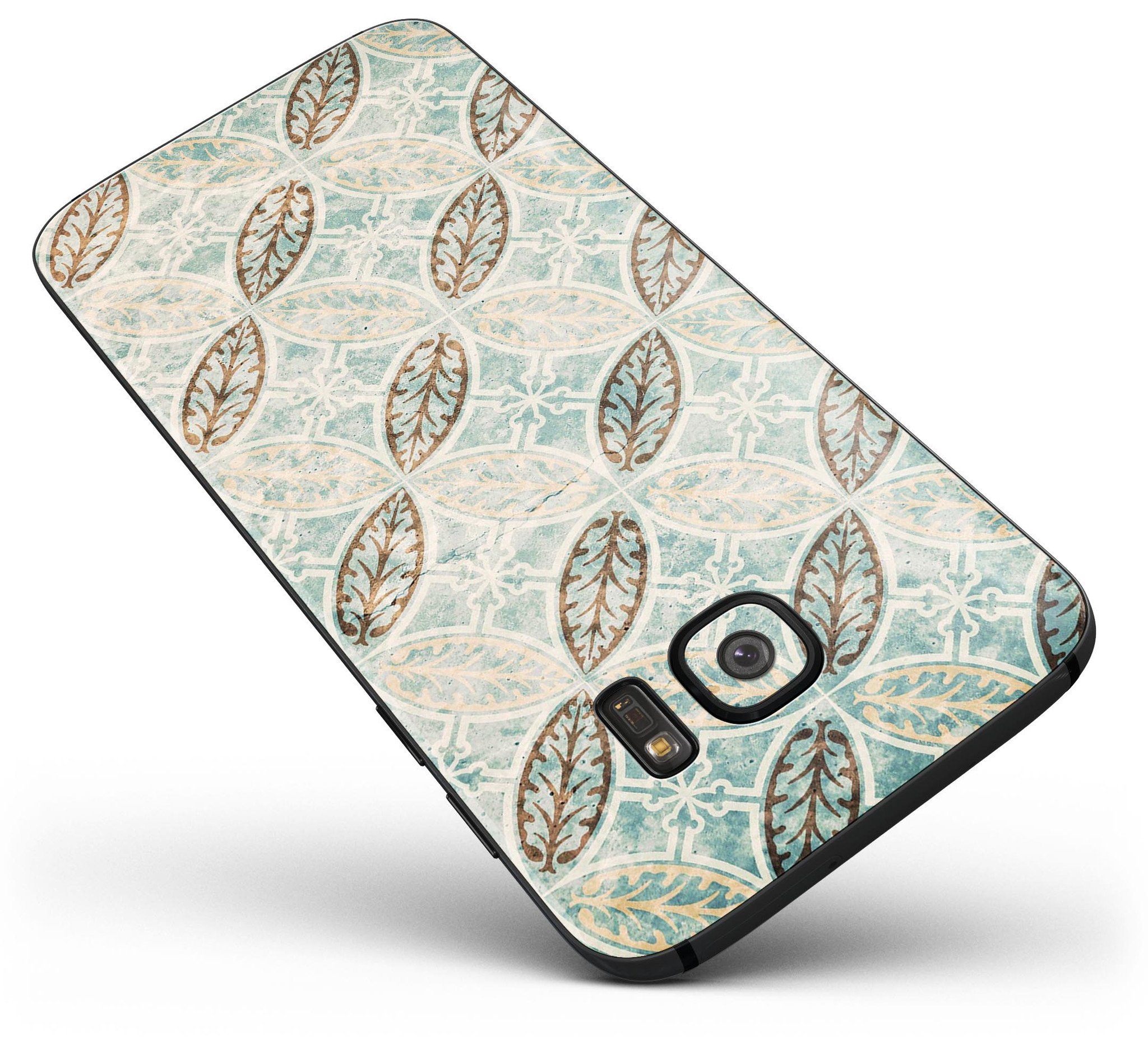 Brown Blue and Tan Circle Leaf Pattern skin kit for Samsung Galaxy S7 and S7 Edge, showcasing vibrant colors and intricate design.