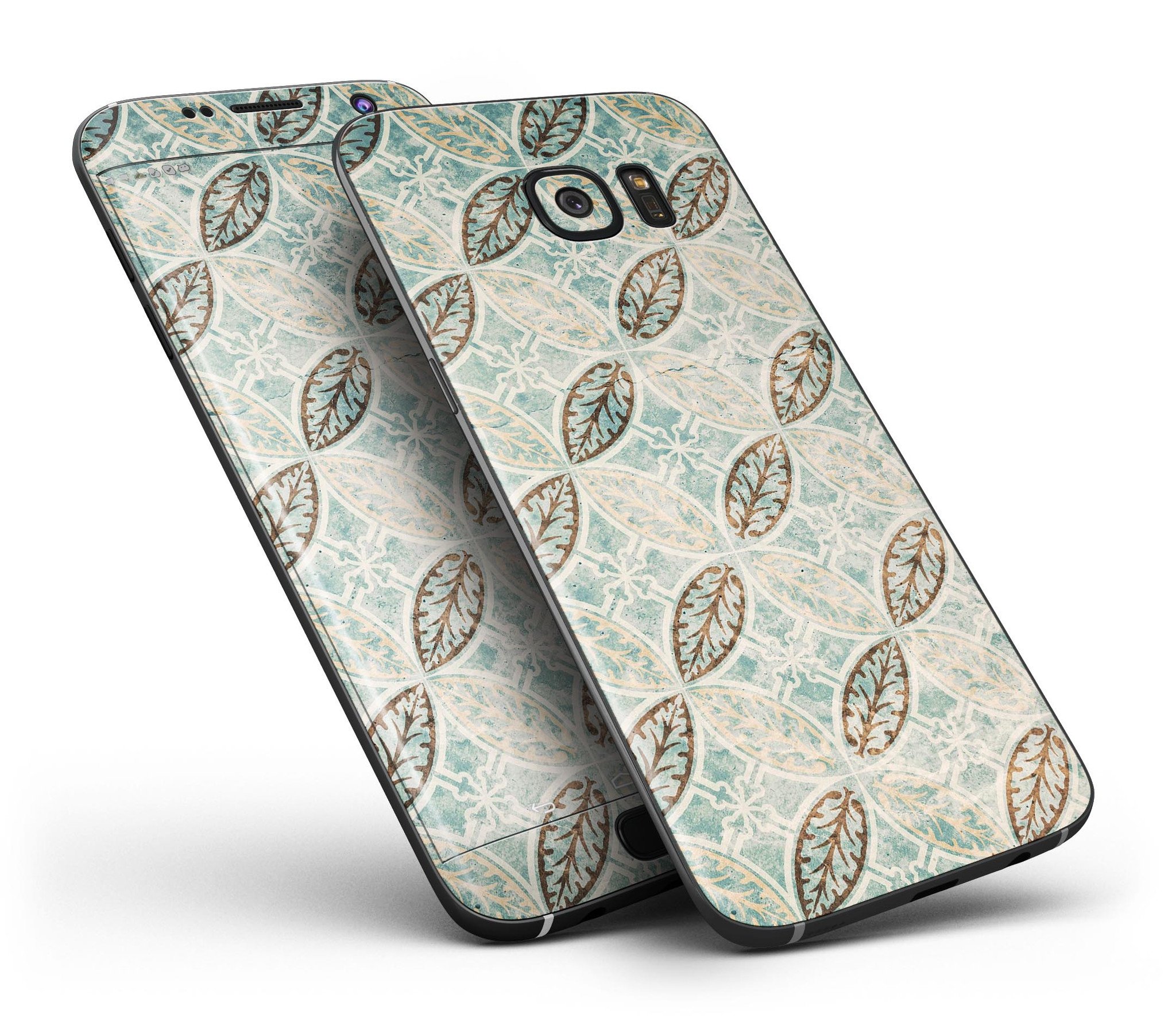 Brown Blue and Tan Circle Leaf Pattern skin kit for Samsung Galaxy S7 and S7 Edge, showcasing vibrant colors and intricate design.