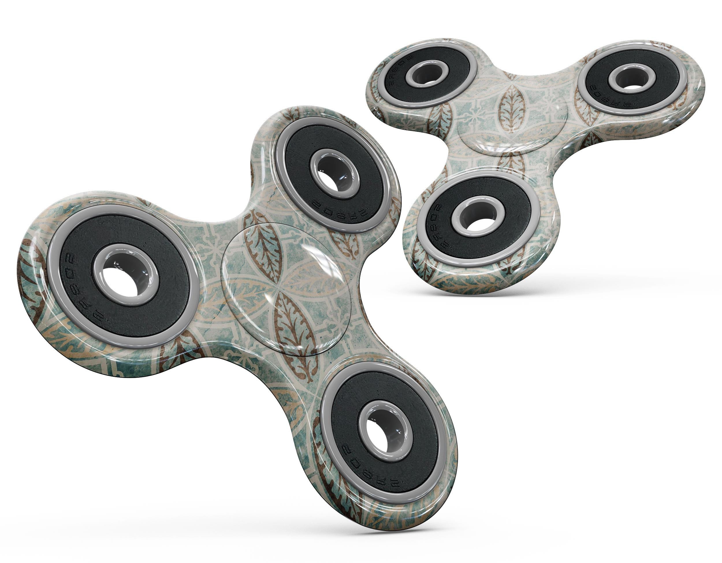 Brown, blue, and tan full-body fidget spinner skin featuring a stylish circle leaf pattern, designed for durability and easy application.