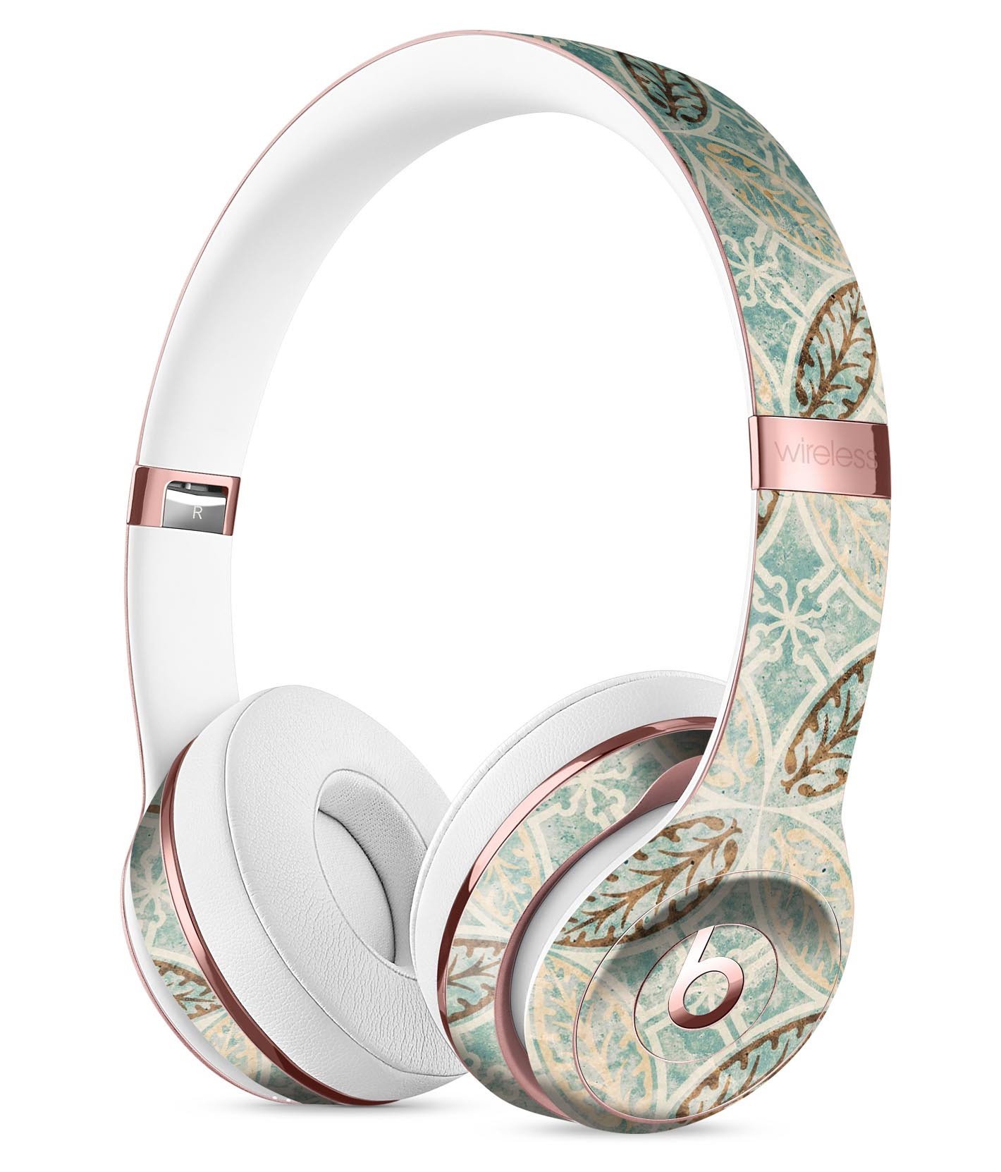 Brown Blue and Tan Circle Leaf Pattern Skin Kit for Beats by Dre Solo 3 Wireless Headphones, showcasing vibrant colors and intricate design.