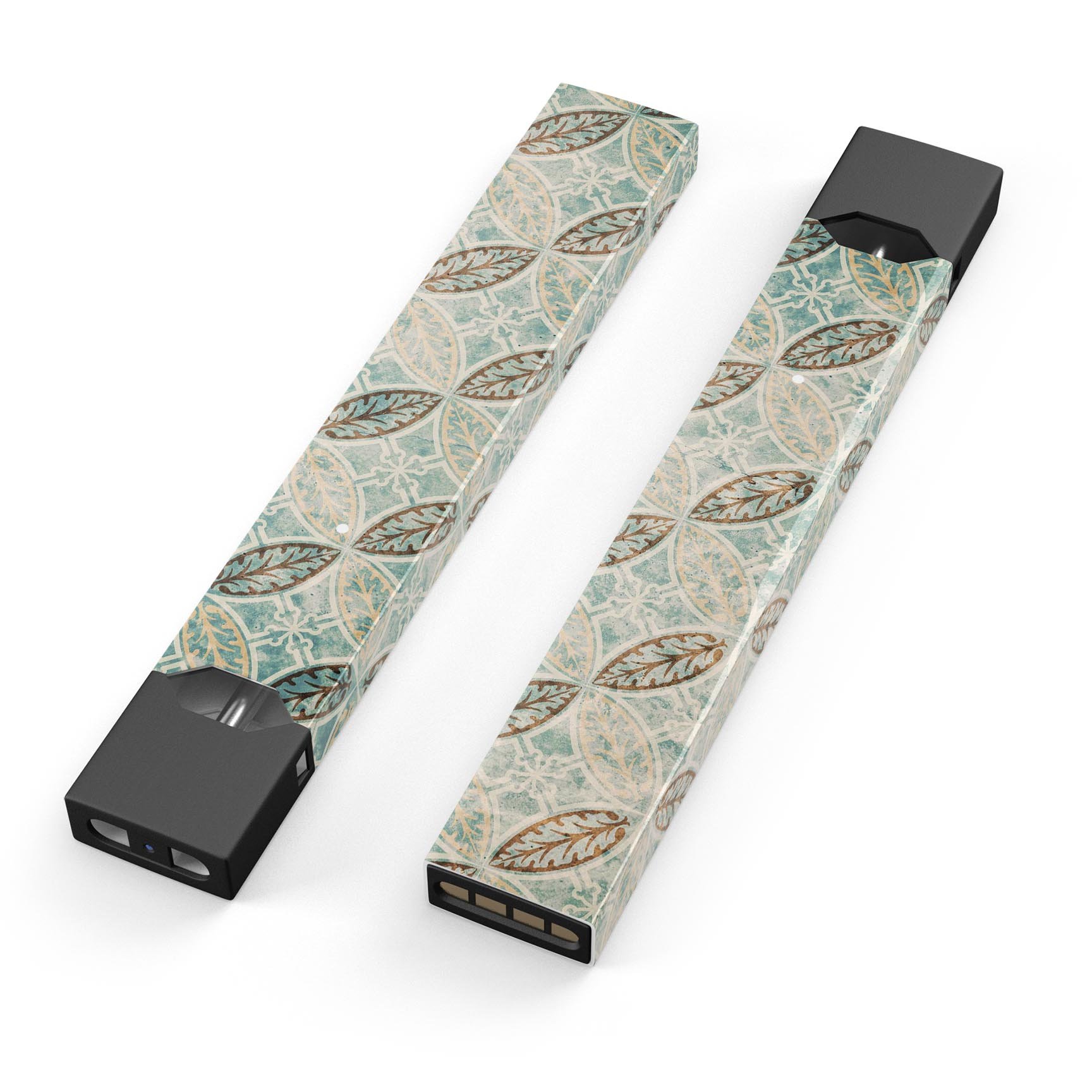 Brown Blue and Tan Circle Leaf Pattern decal designed for JUUL vaping device, showcasing intricate leaf design and vibrant colors.