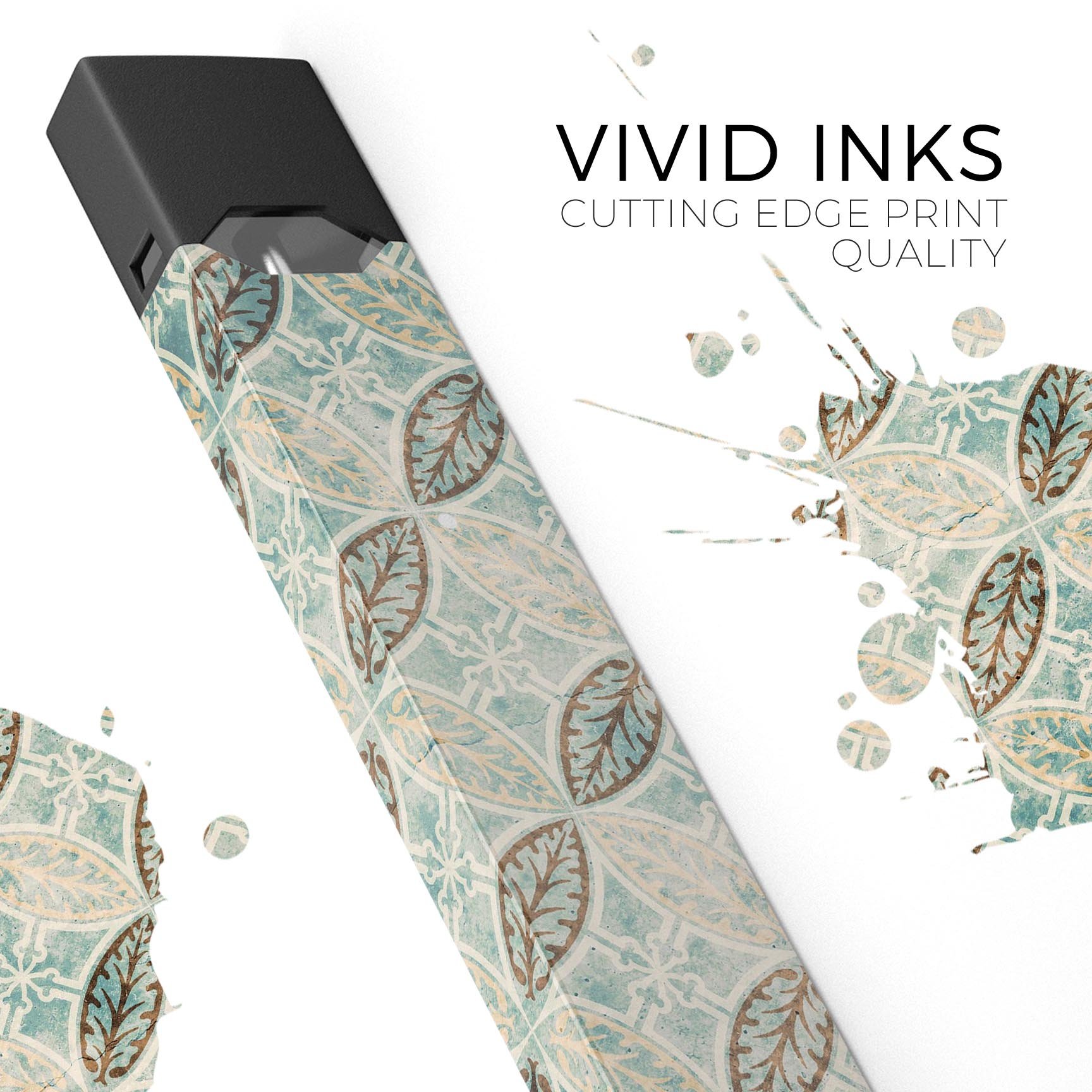 Brown Blue and Tan Circle Leaf Pattern decal designed for JUUL vaping device, showcasing intricate leaf design and vibrant colors.