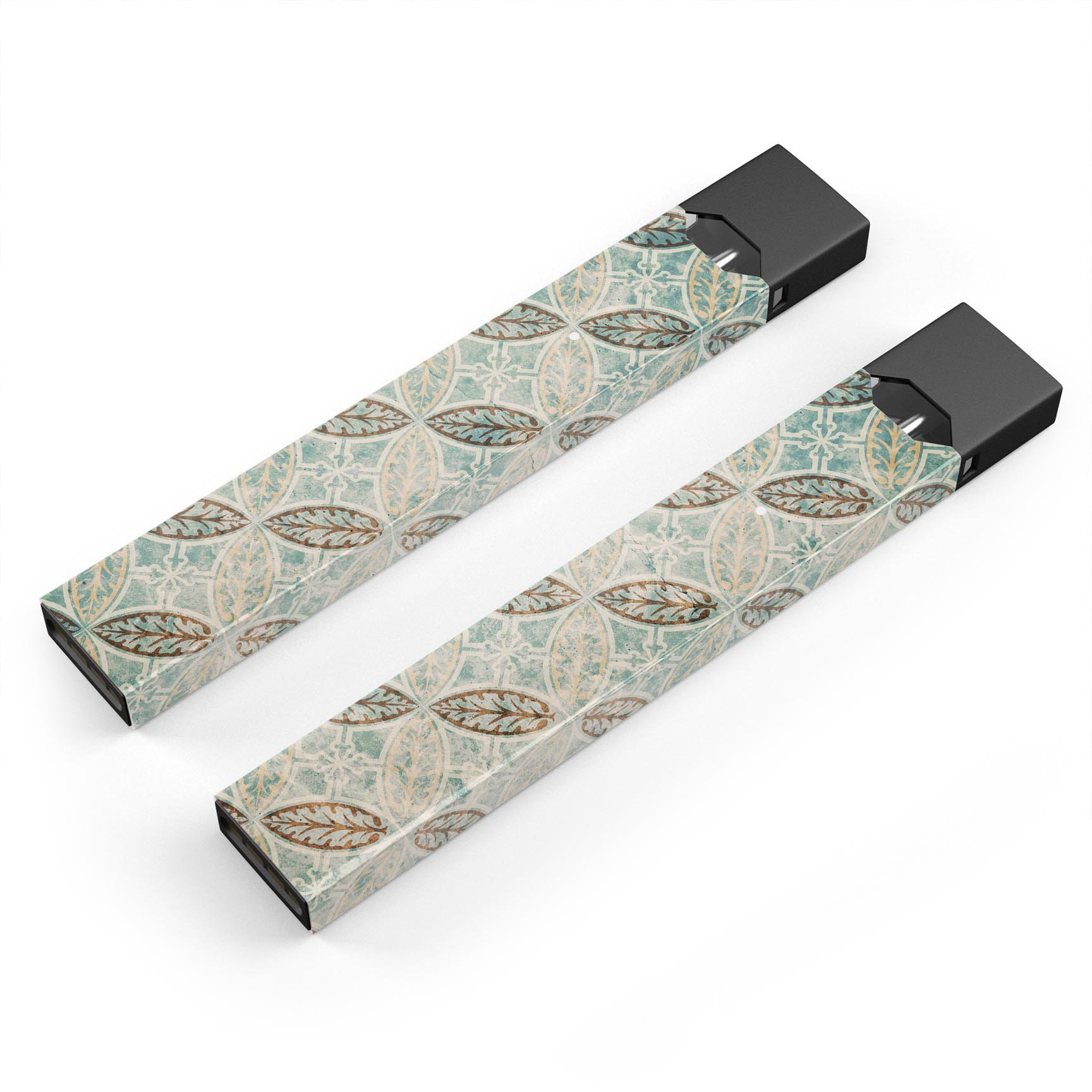 Brown Blue and Tan Circle Leaf Pattern decal designed for JUUL vaping device, showcasing intricate leaf design and vibrant colors.