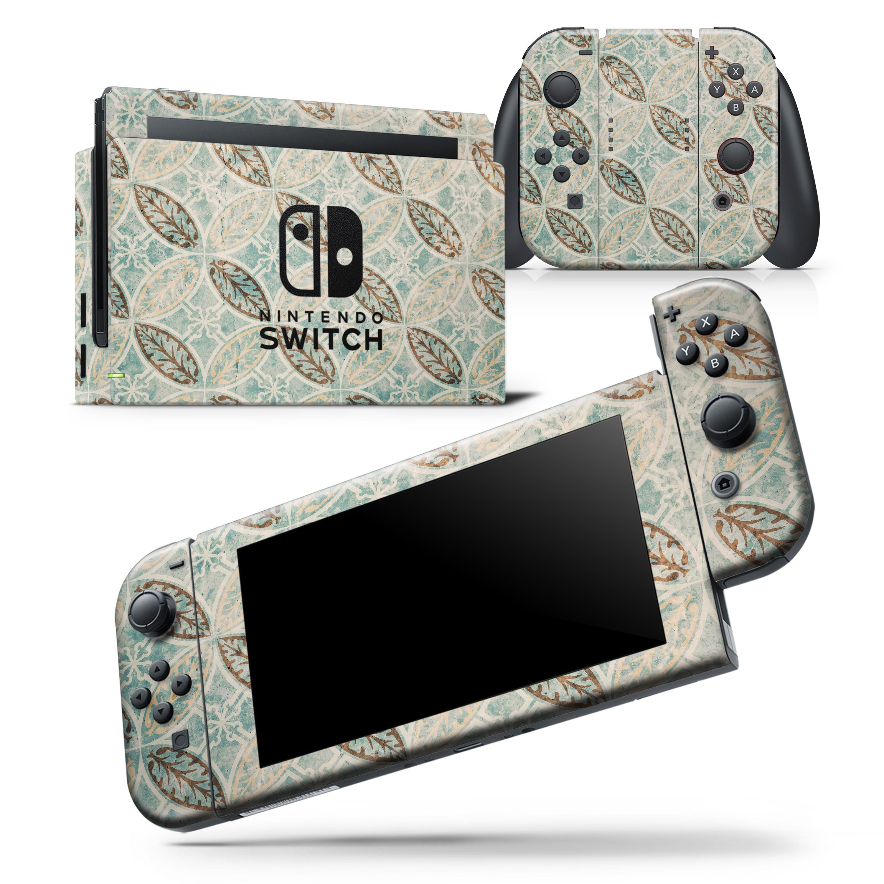 Brown Blue and Tan Circle Leaf Pattern skin wrap decal for Nintendo Switch, showcasing a vibrant design that enhances device aesthetics.