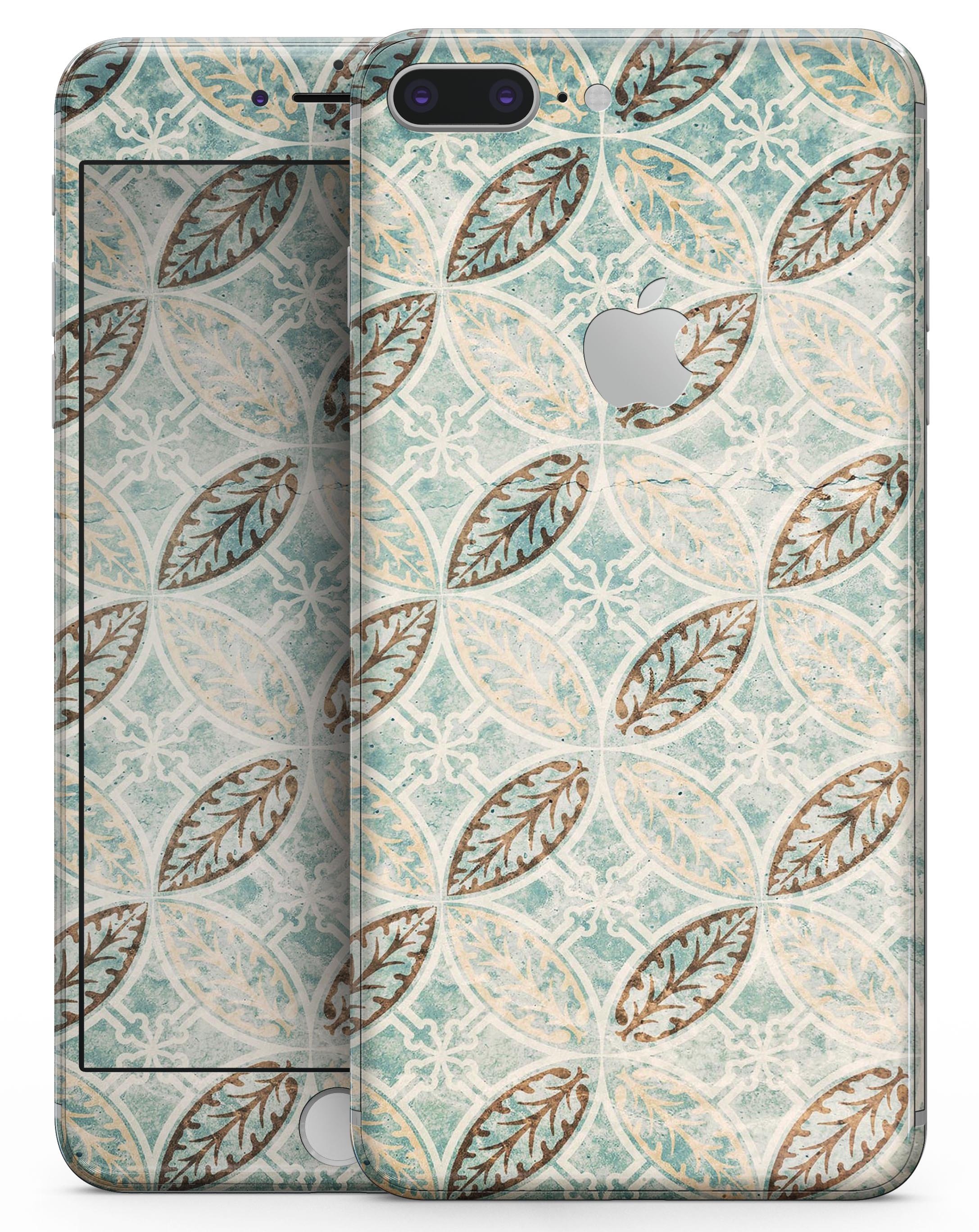 Brown Blue and Tan Circle Leaf Pattern skin for iPhone 8 or 8 Plus, showcasing vibrant colors and intricate leaf design.