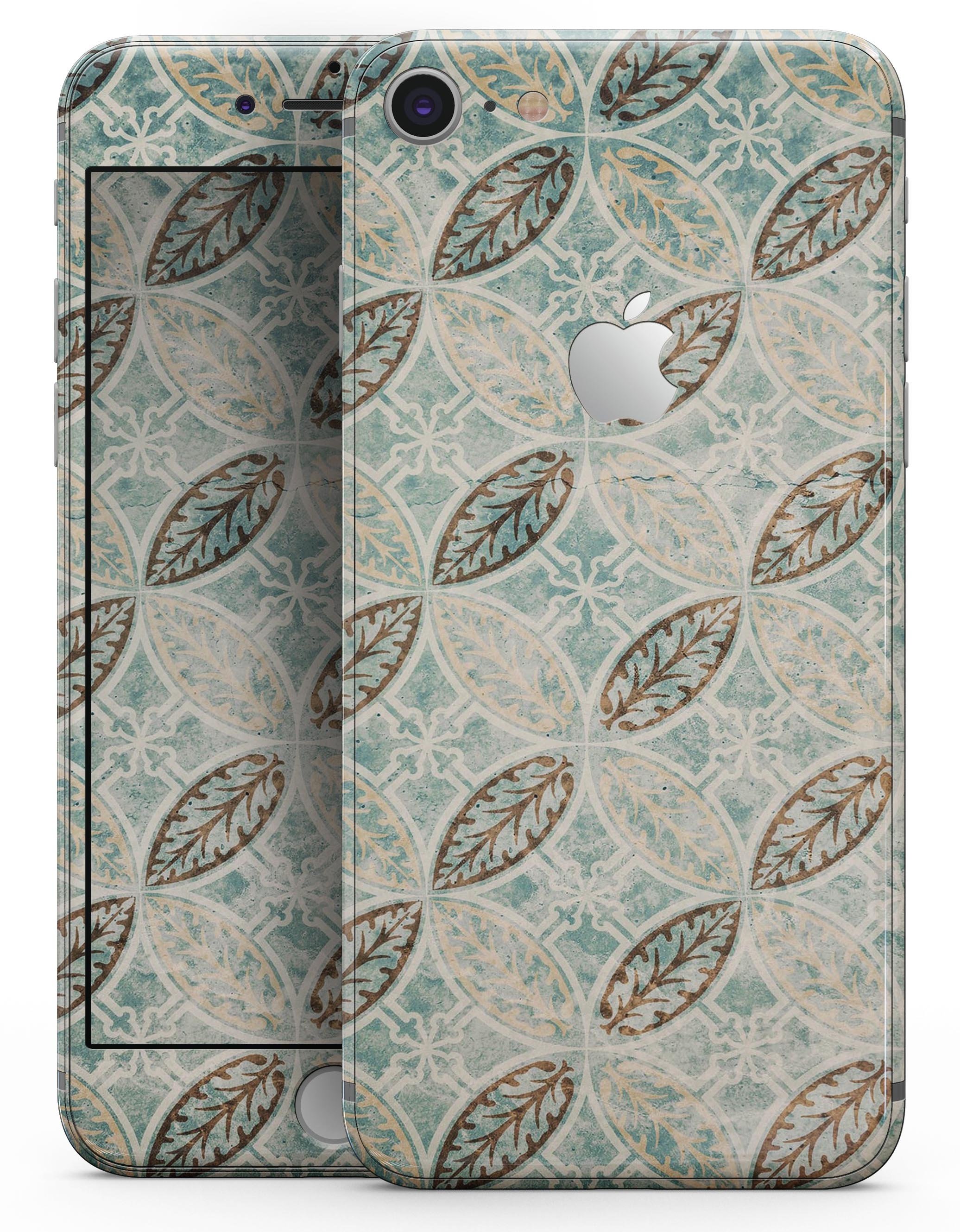 Brown Blue and Tan Circle Leaf Pattern skin for iPhone 8 or 8 Plus, showcasing vibrant colors and intricate leaf design.