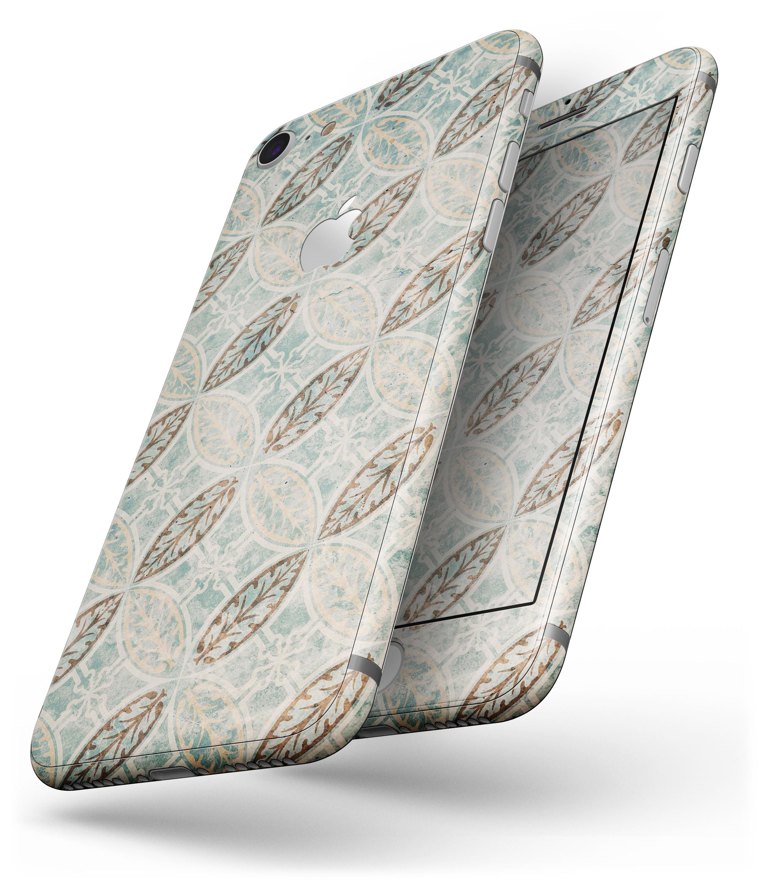 Brown Blue and Tan Circle Leaf Pattern skin for iPhone 8 or 8 Plus, showcasing vibrant colors and intricate leaf design.