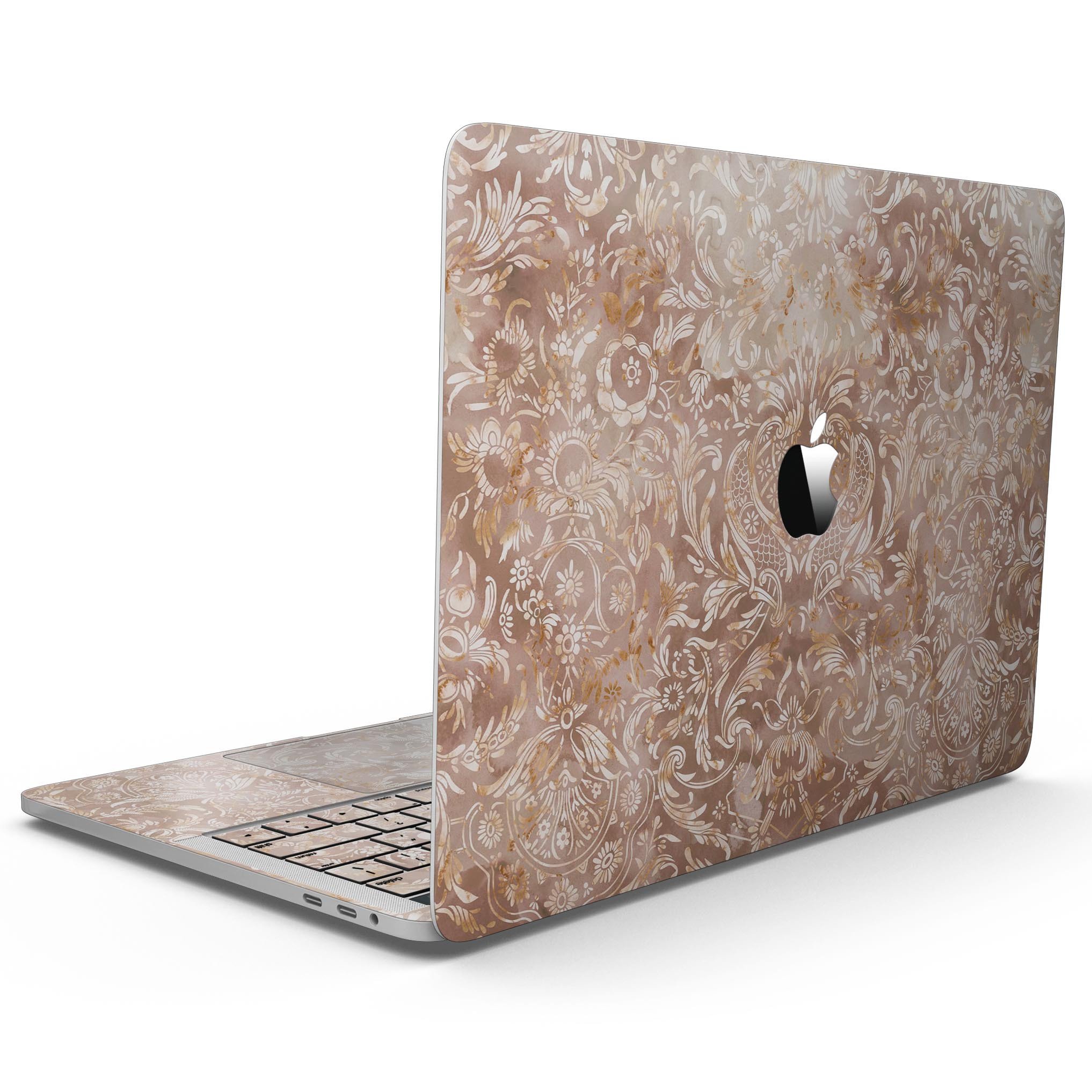 Brown Damask v2 Watercolor Pattern skin for 13" MacBook Pro without Touch Bar, showcasing intricate design and premium vinyl material.