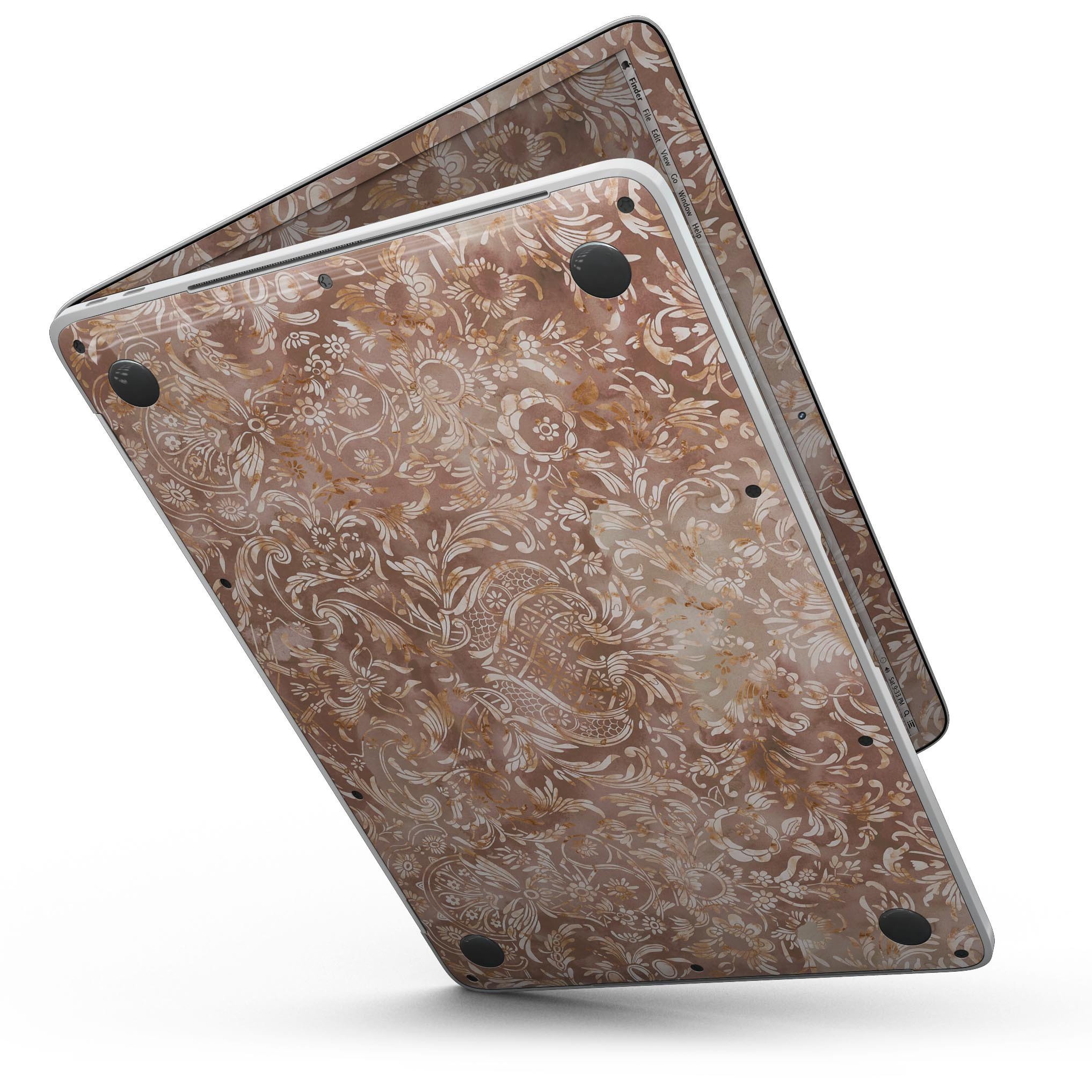 Brown Damask v2 Watercolor Pattern skin for 13" MacBook Pro without Touch Bar, showcasing intricate design and premium vinyl material.