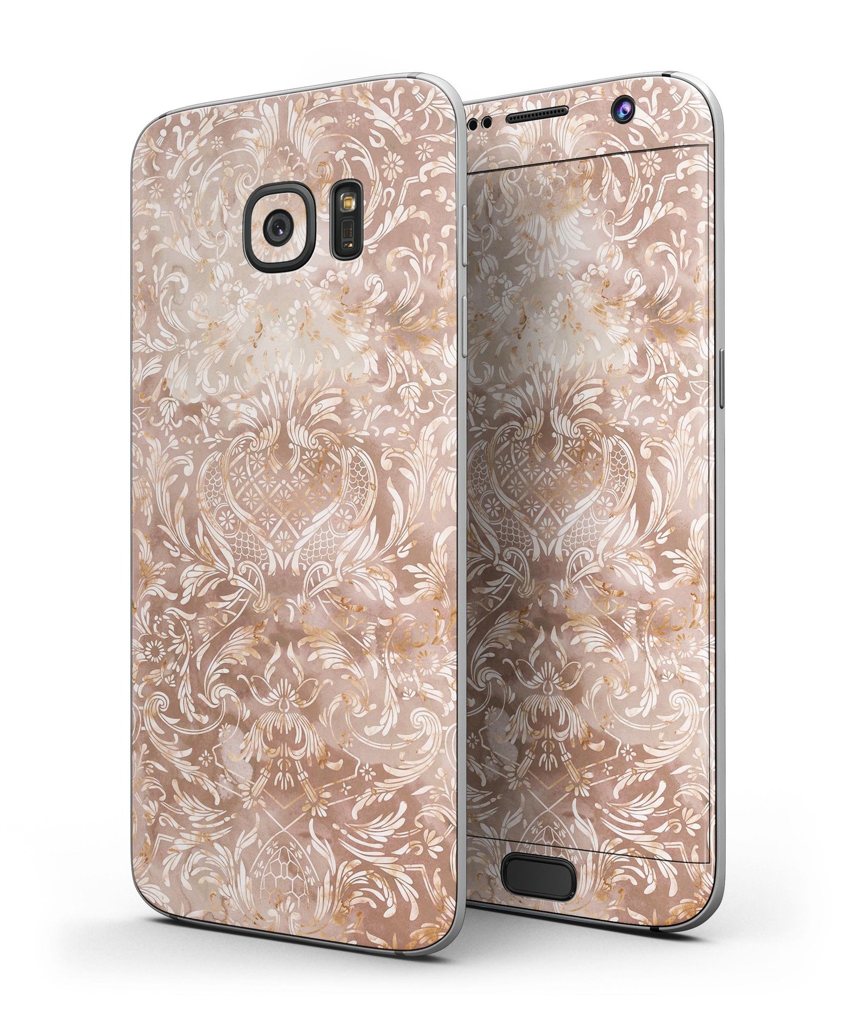 Brown Damask v2 Watercolor Pattern skin kit for Samsung Galaxy S7 and S7 Edge, showcasing a stylish design with premium vinyl material.