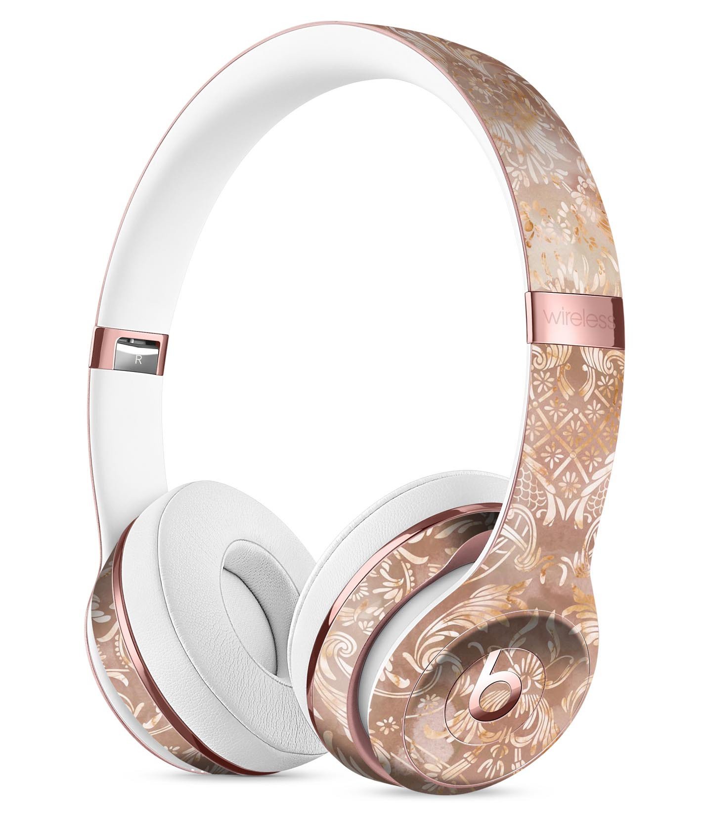 Brown Damask v2 Watercolor Pattern Skin Kit for Beats by Dre Solo 3 Wireless Headphones, showcasing a stylish design and premium vinyl material.