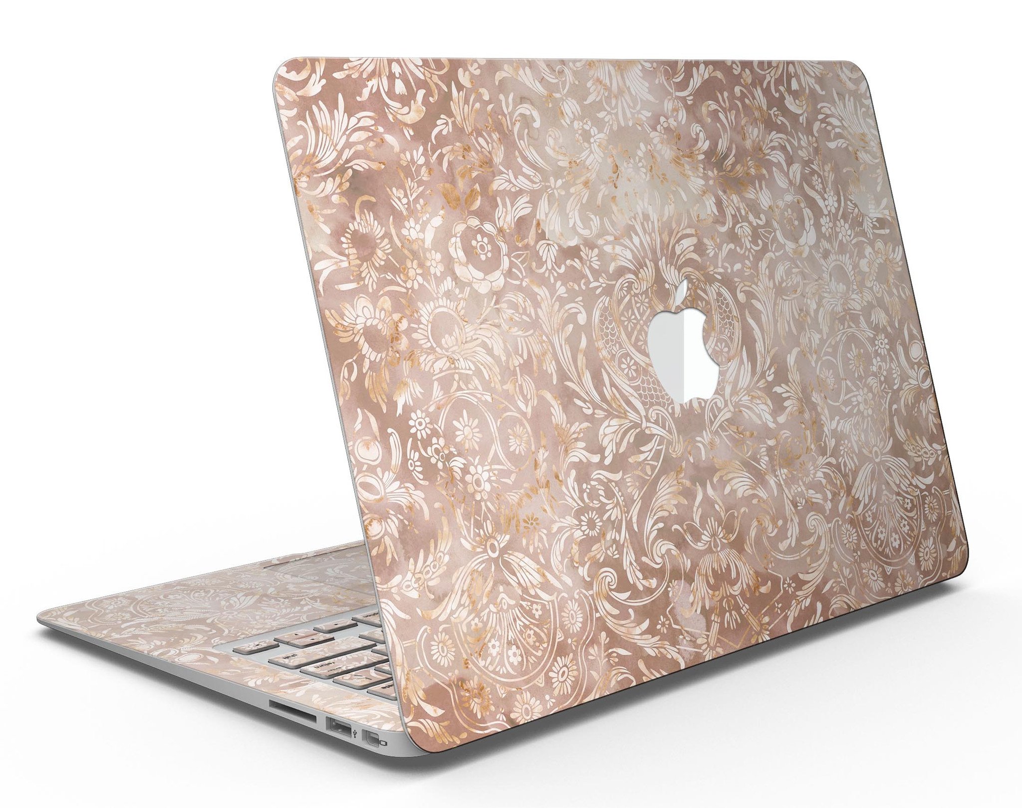 Brown Damask v2 Watercolor Pattern skin for MacBook Air, showcasing elegant design and premium vinyl material.