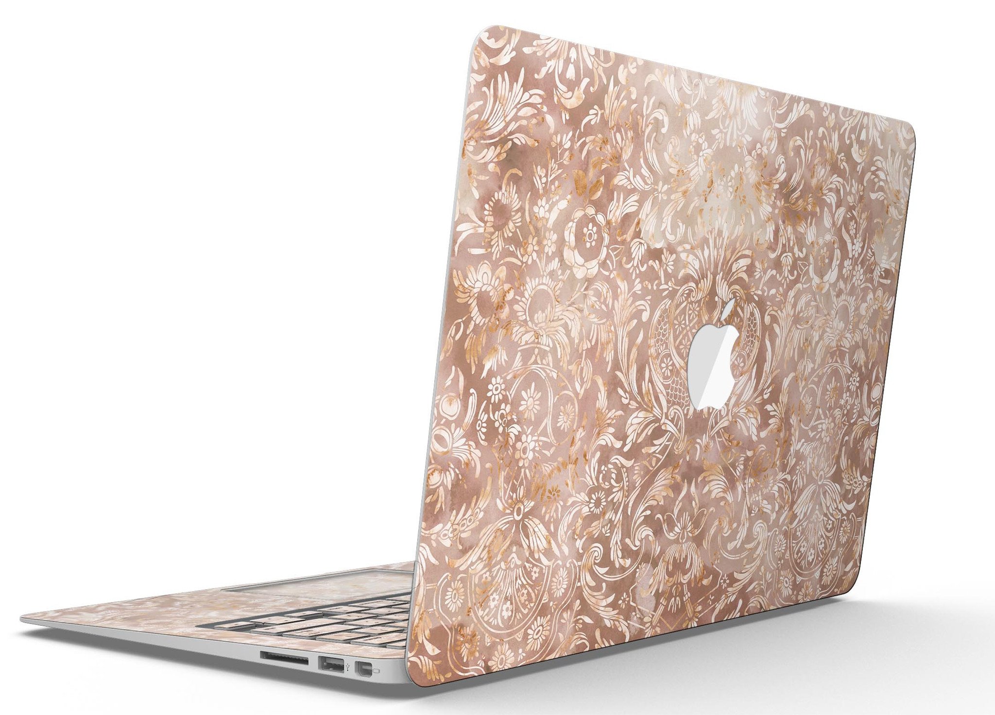 Brown Damask v2 Watercolor Pattern skin for MacBook Air, showcasing elegant design and premium vinyl material.