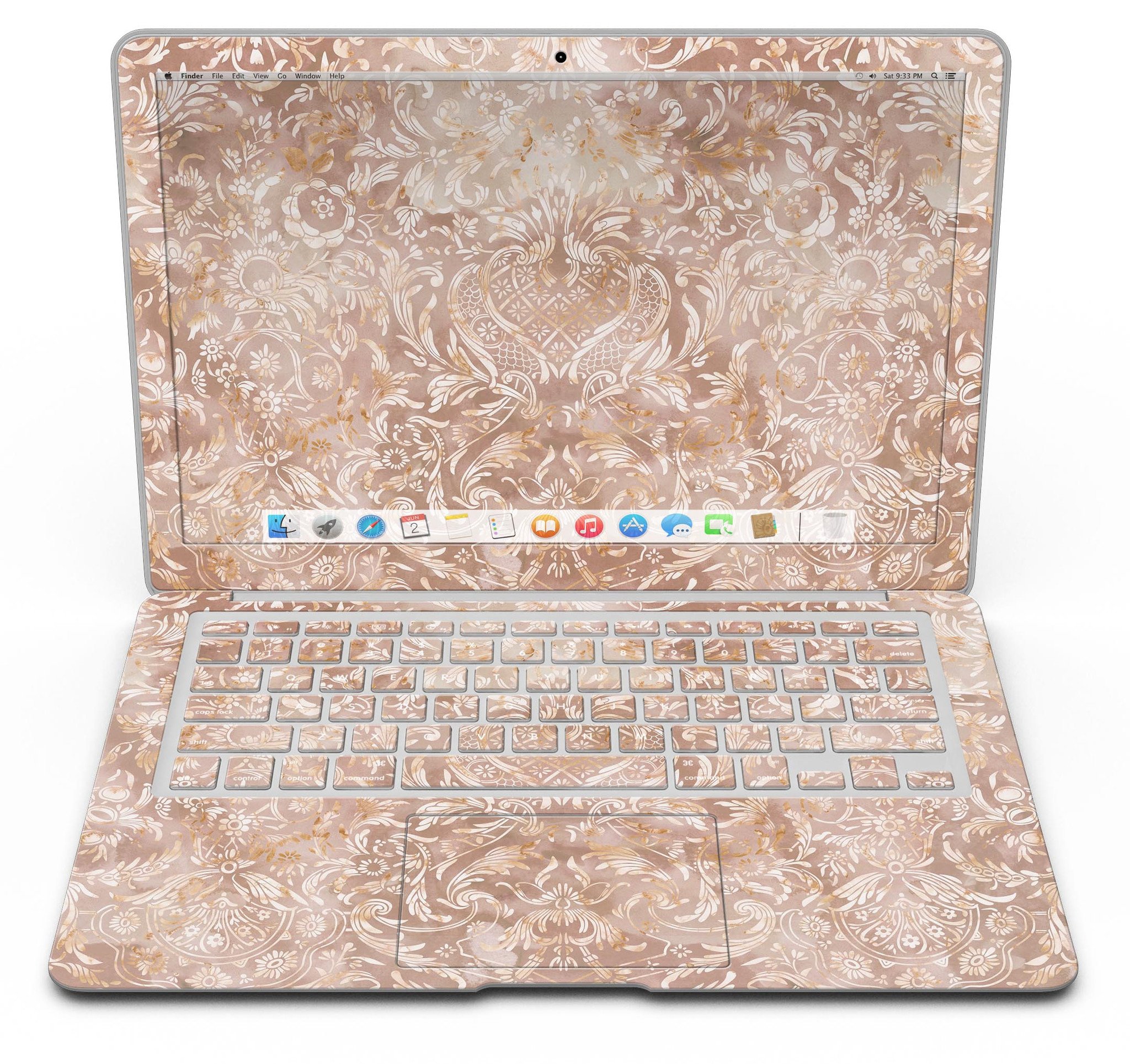 Brown Damask v2 Watercolor Pattern skin for MacBook Air, showcasing elegant design and premium vinyl material.