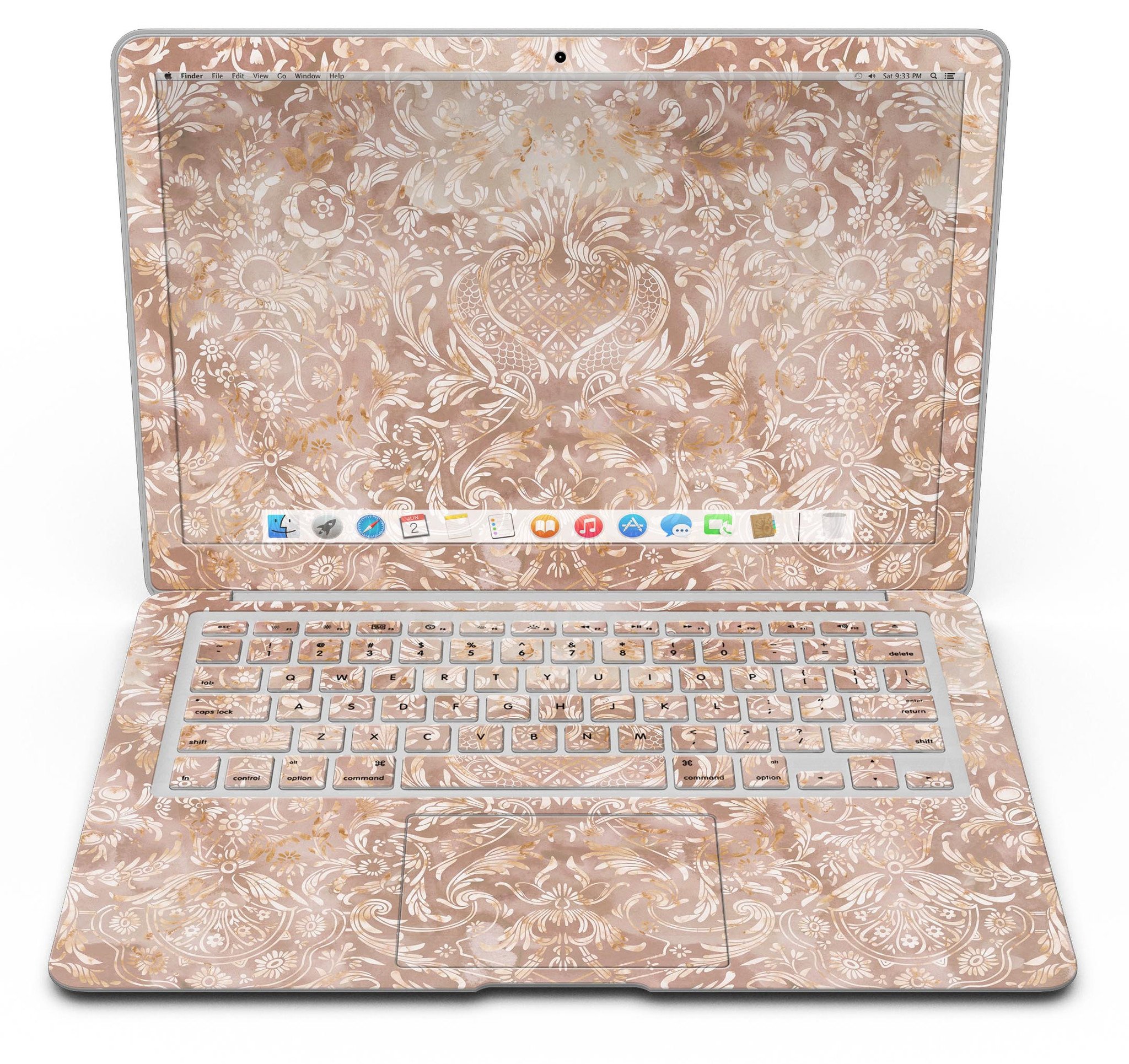 Brown Damask v2 Watercolor Pattern skin for MacBook Air, showcasing elegant design and premium vinyl material.