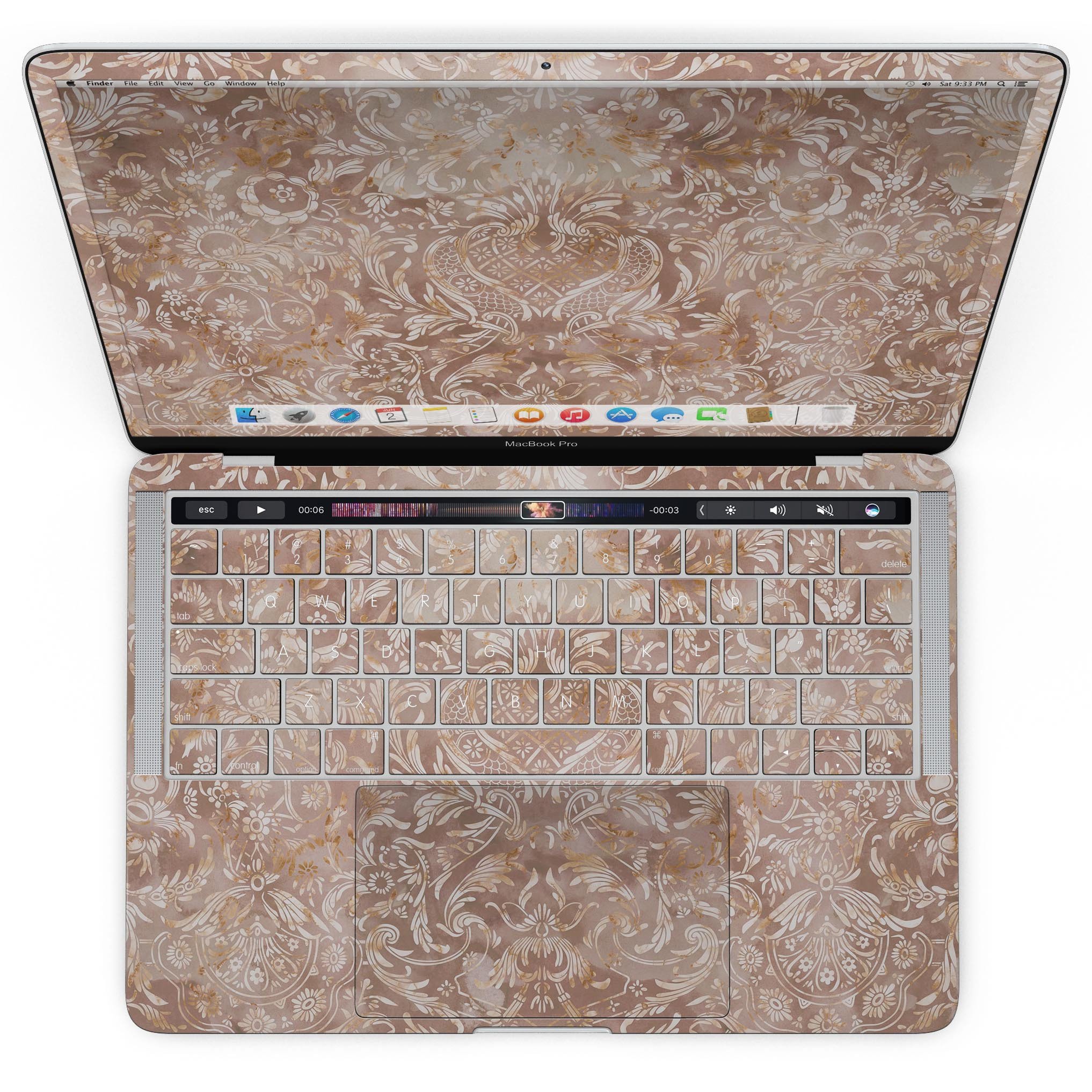 Brown Damask v2 Watercolor Pattern skin for MacBook Pro with Touch Bar, showcasing intricate design and vibrant colors.