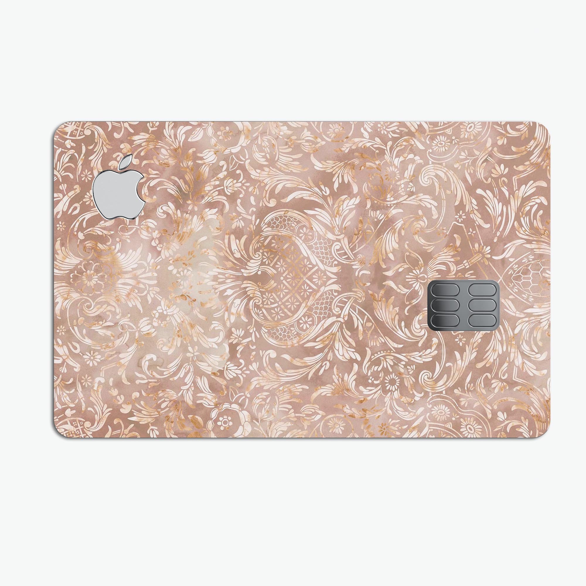 Brown Damask v2 Watercolor Pattern decal skin for Apple Card, showcasing a stylish design with premium vinyl protection.