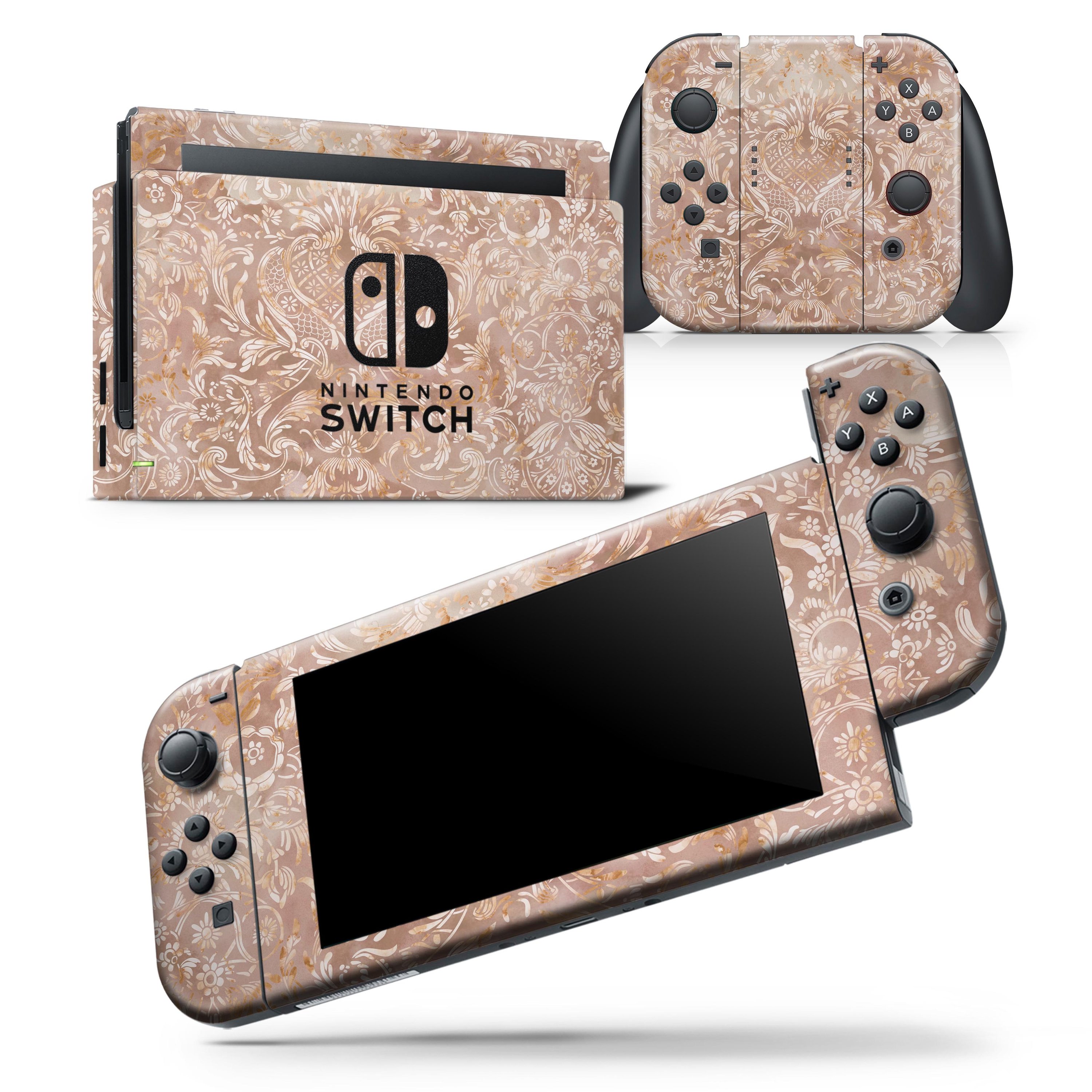 Brown Damask v2 Watercolor Pattern skin wrap decal for Nintendo Switch, showcasing intricate design and premium quality.