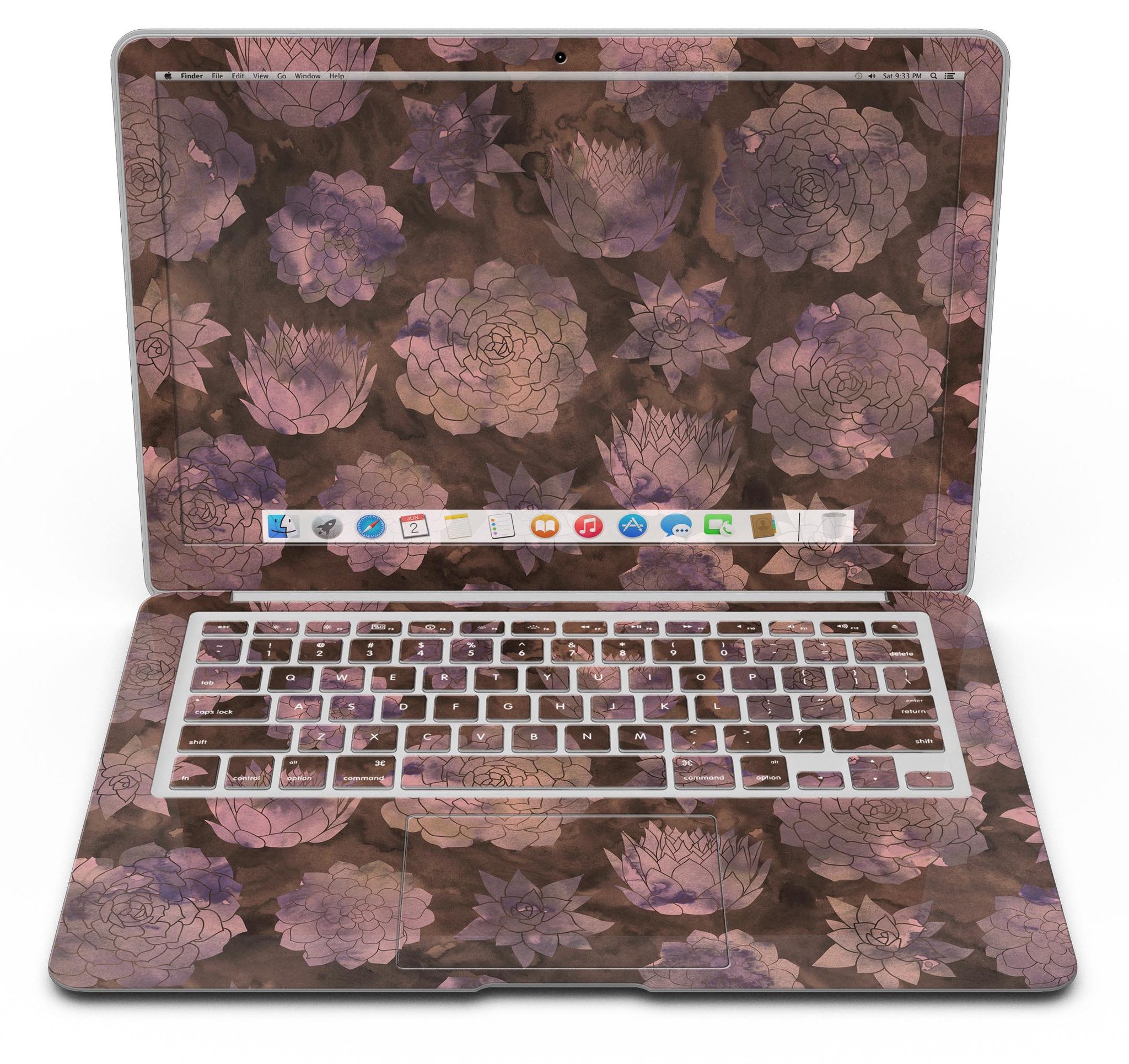 Brown Floral Succulents MacBook Air Skin Kit showcasing a vibrant floral design on a sleek MacBook Air.