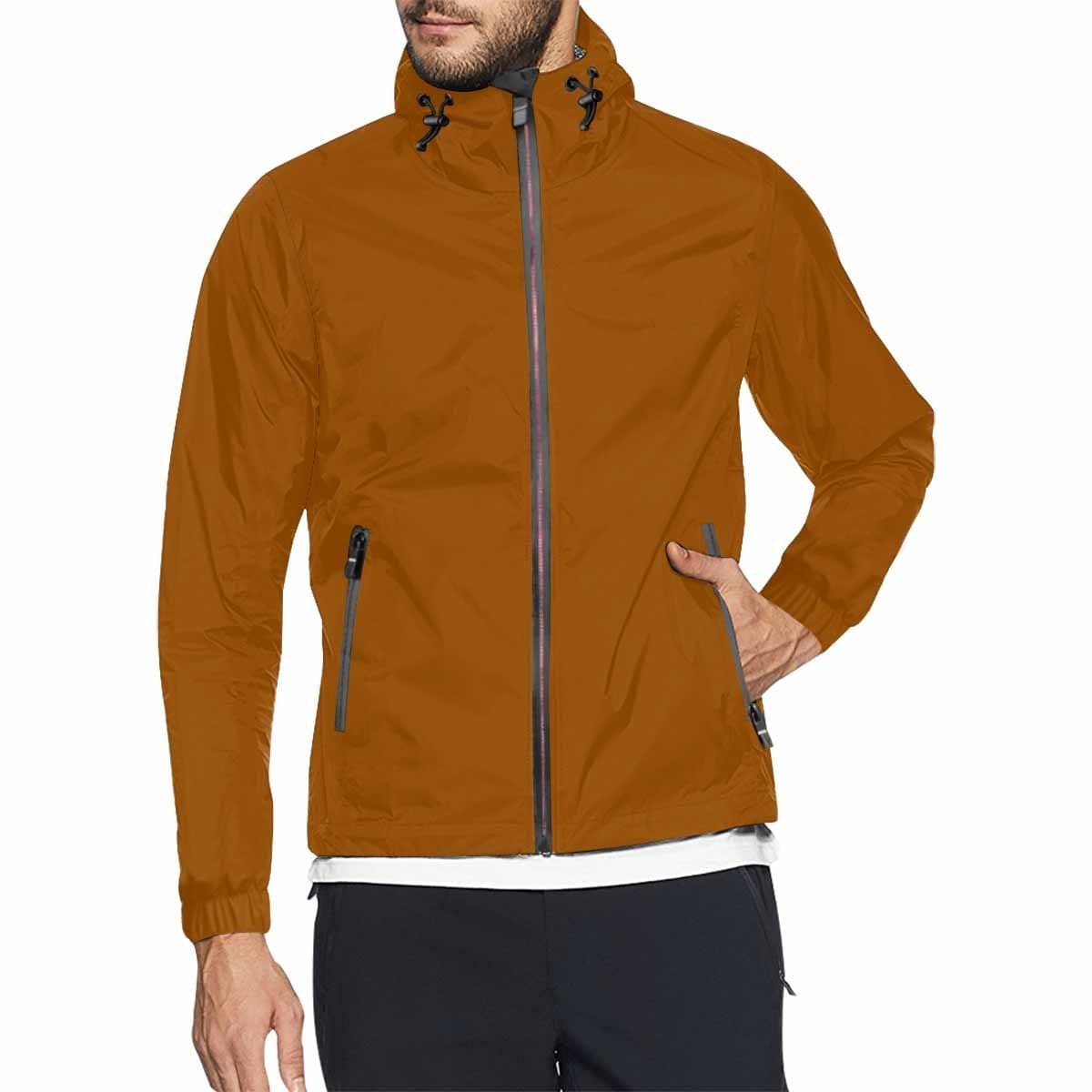 Brown hooded windbreaker jacket for men and women, featuring a full zip, adjustable hood, and two zippered pockets.