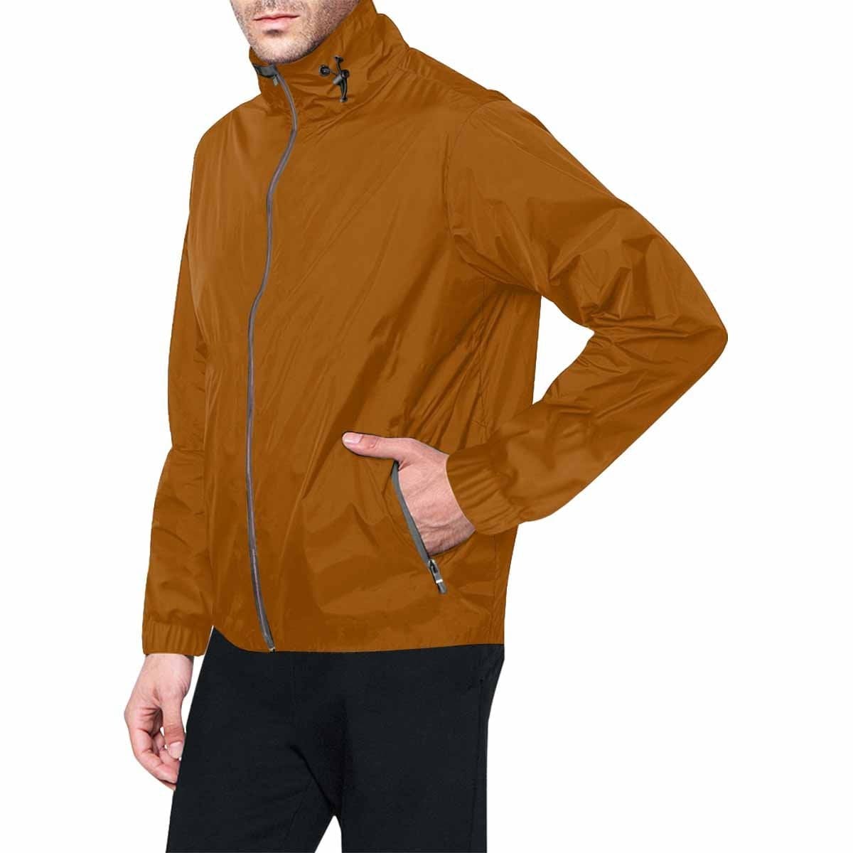 Brown hooded windbreaker jacket for men and women, featuring a full zip, adjustable hood, and two zippered pockets.