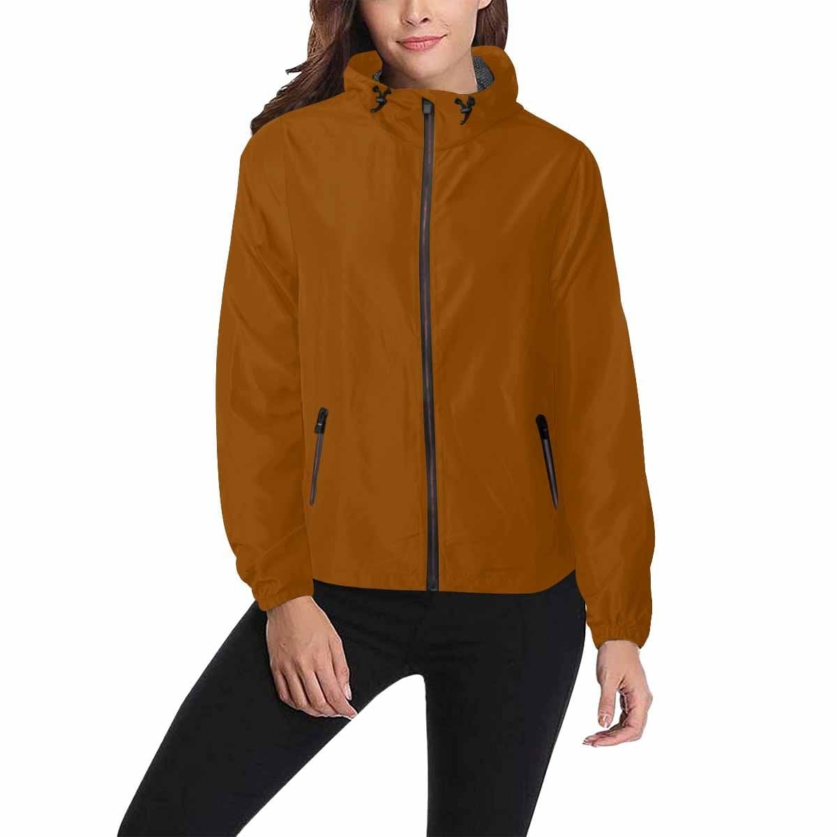 Brown hooded windbreaker jacket for men and women, featuring a full zip, adjustable hood, and two zippered pockets.