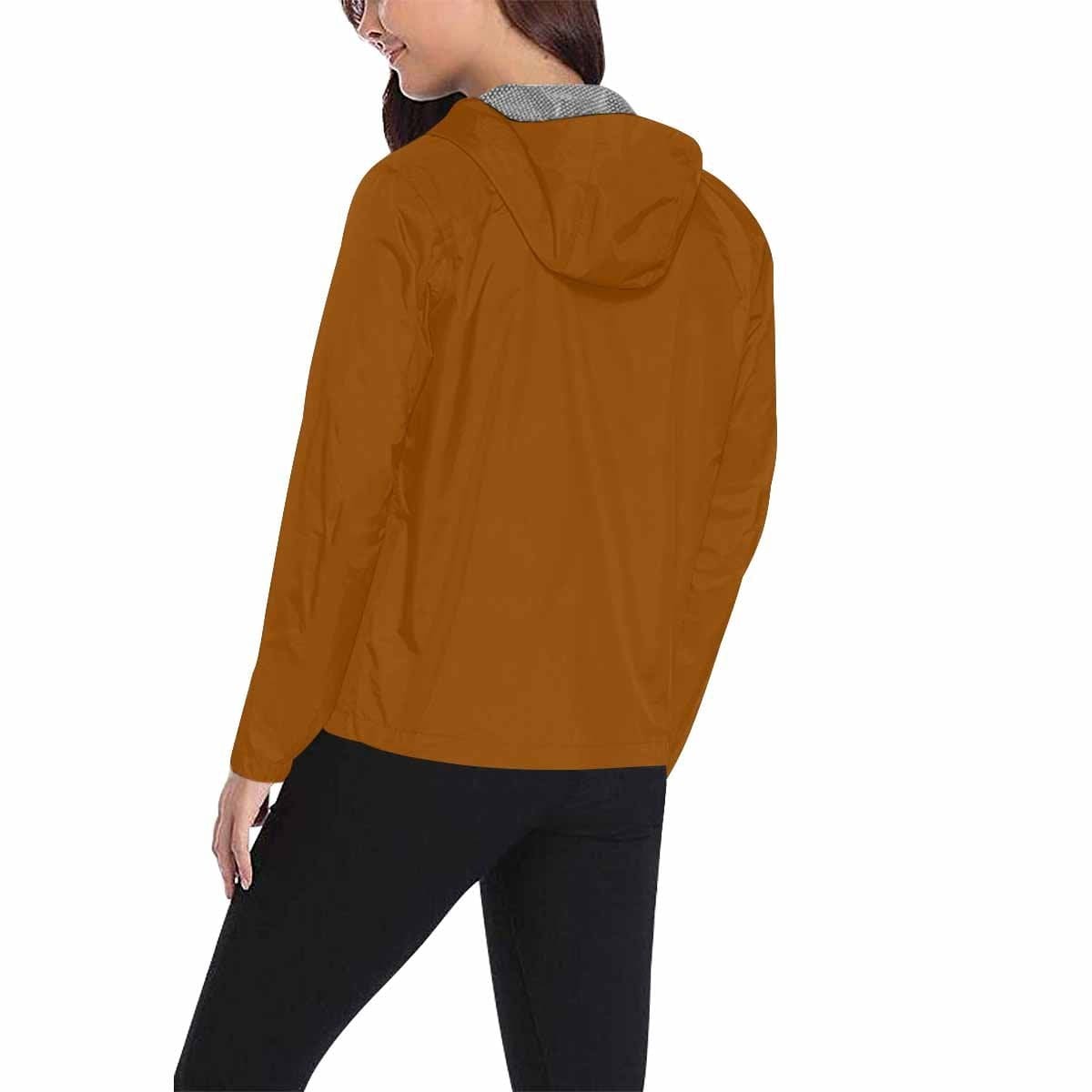 Brown hooded windbreaker jacket for men and women, featuring a full zip, adjustable hood, and two zippered pockets.