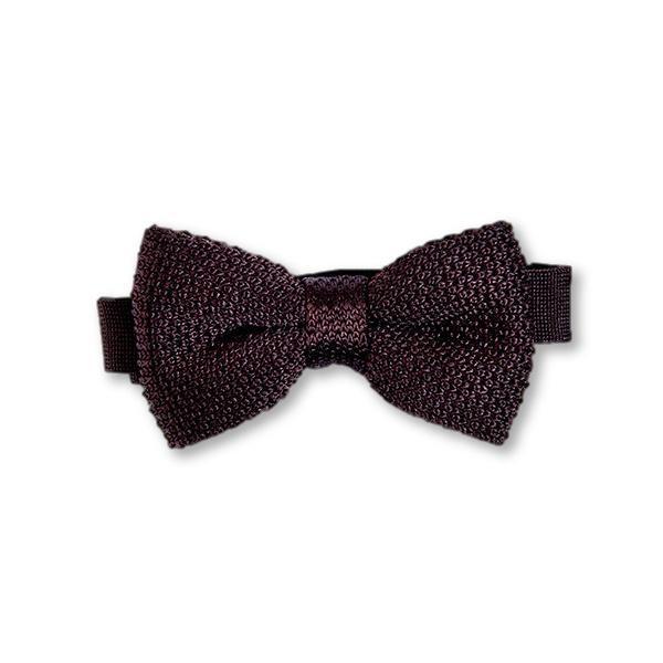 A stylish brown knitted bow tie displayed on a white background, showcasing its texture and dimensions.