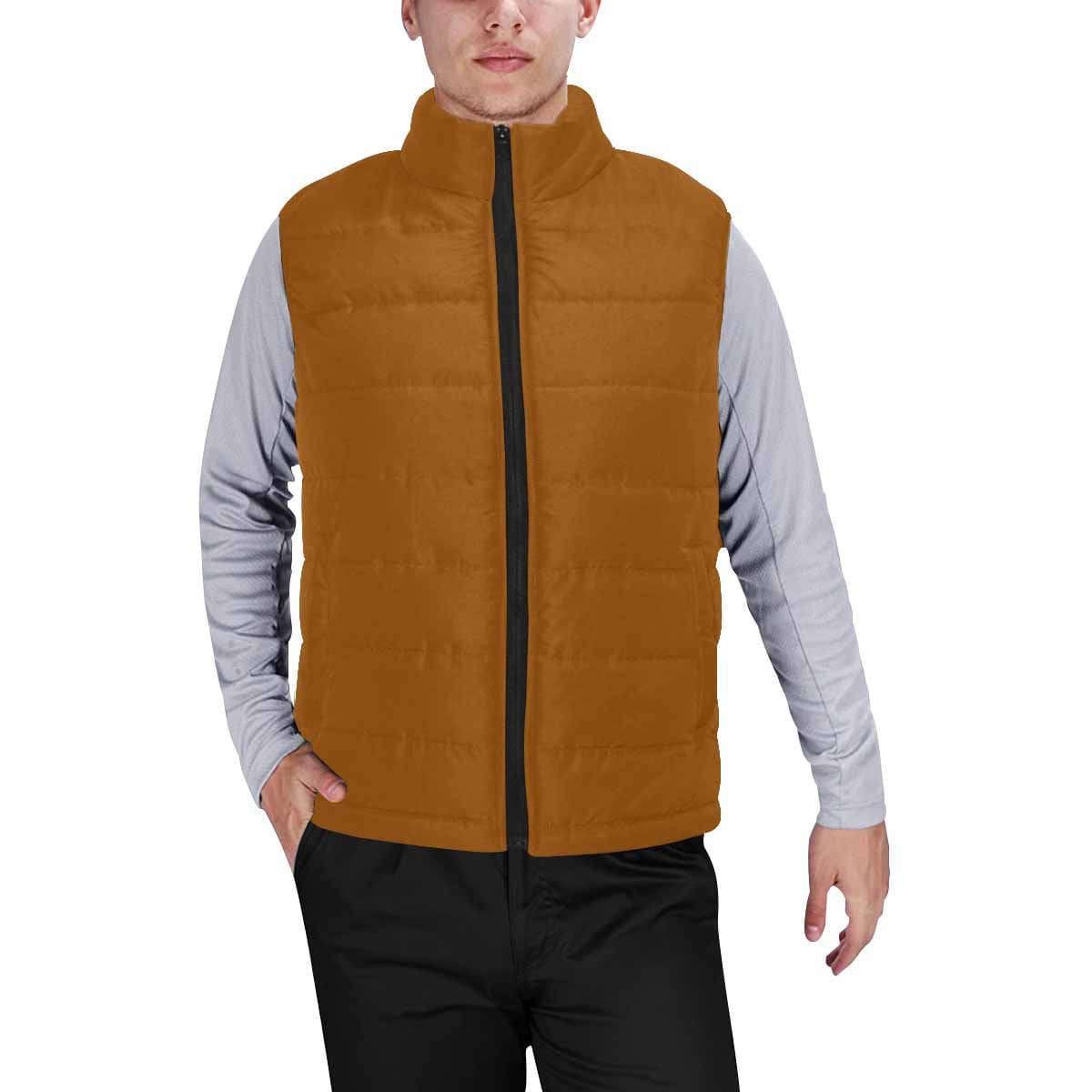 Brown men's padded vest featuring a quilted design and zipper closure, perfect for layering in cool weather.