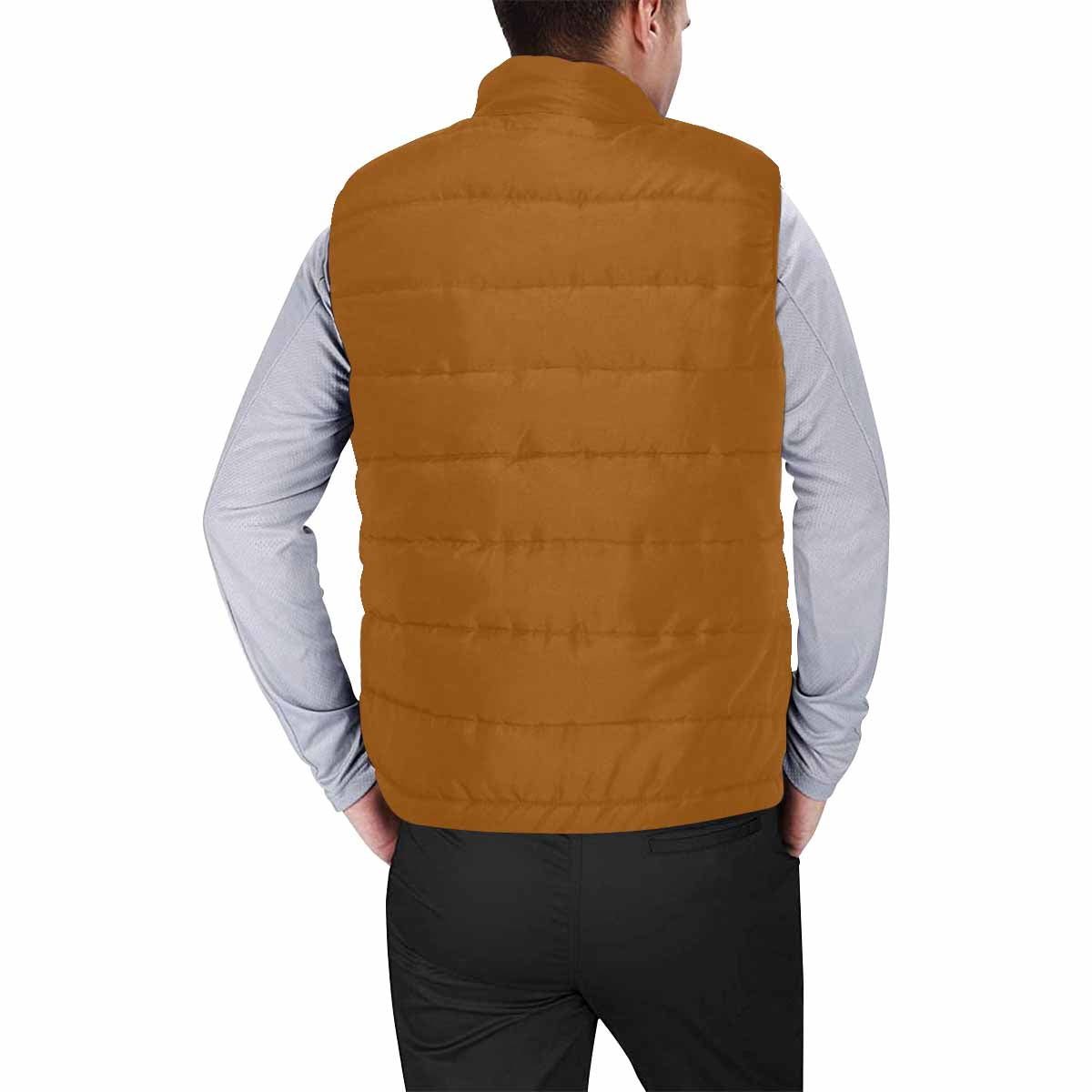 Brown men's padded vest featuring a quilted design and zipper closure, perfect for layering in cool weather.