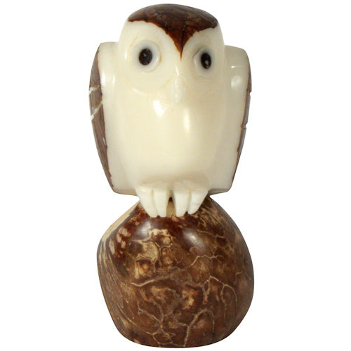 A beautifully hand-carved Brown Owl figurine made from tagua nuts, showcasing intricate details and natural colors, symbolizing eco-friendliness.