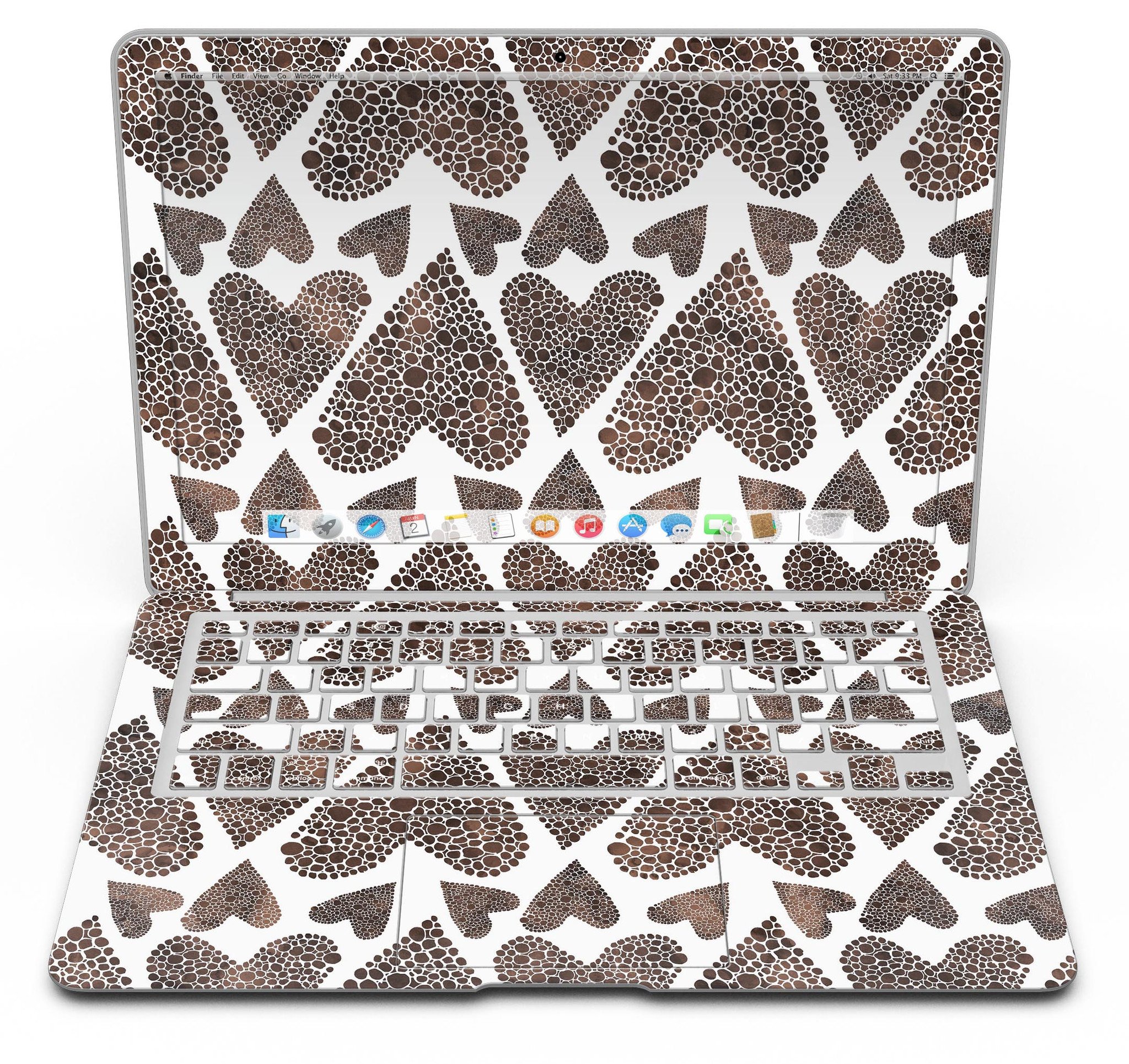 Brown Pebble Hearts MacBook Air Skin Kit showcasing stylish design and premium vinyl material.