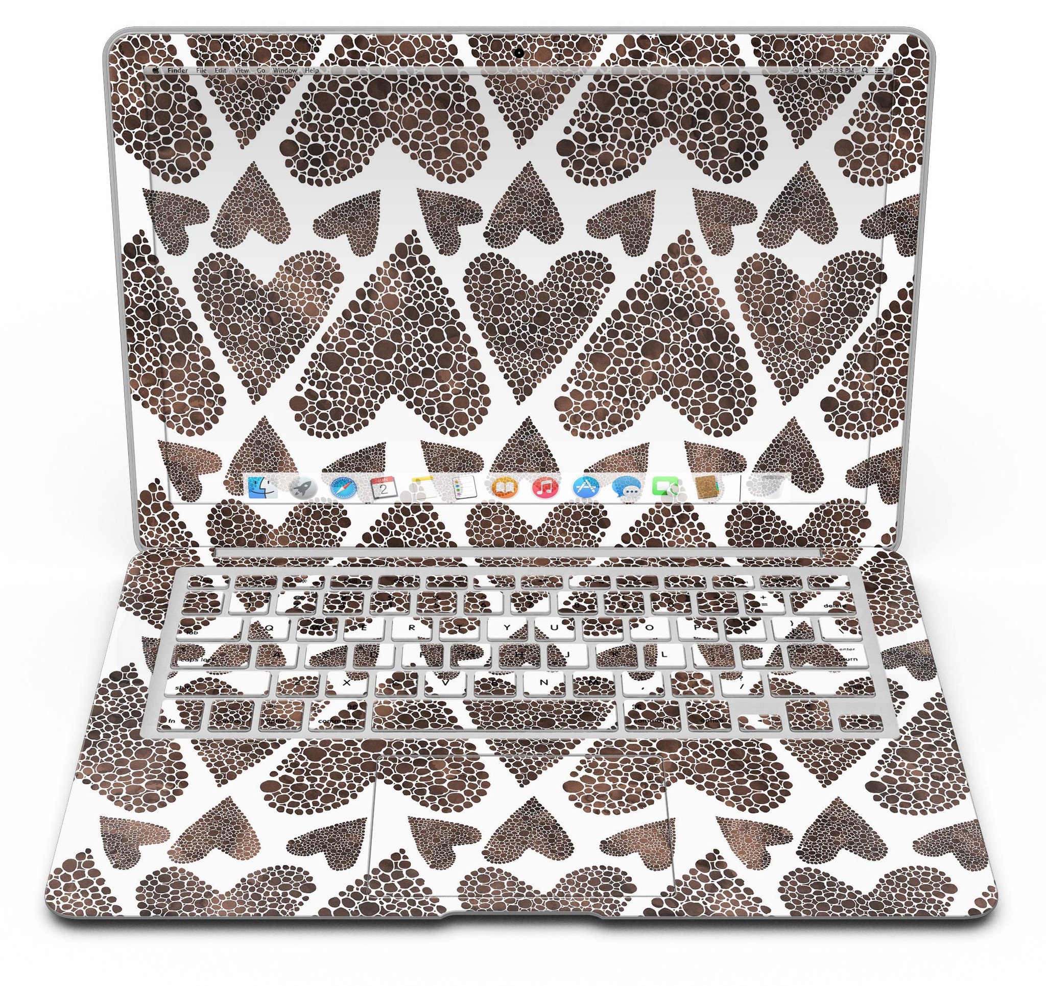 Brown Pebble Hearts MacBook Air Skin Kit showcasing stylish design and premium vinyl material.