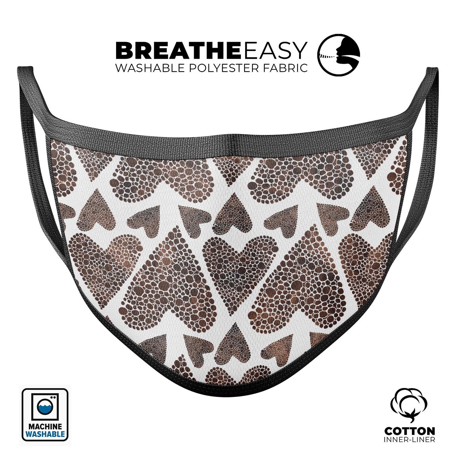 Brown Pebble Hearts reusable face mask made in the USA, featuring adjustable ear loops and a comfortable cotton interior.