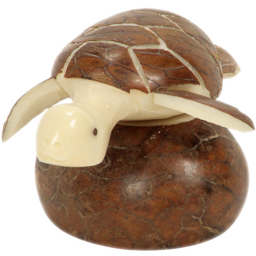 Hand-carved Brown Sea Turtle figurine made from tagua nuts, showcasing natural colors and intricate details.