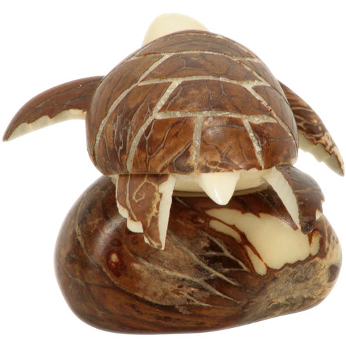 Hand-carved Brown Sea Turtle figurine made from tagua nuts, showcasing natural colors and intricate details.