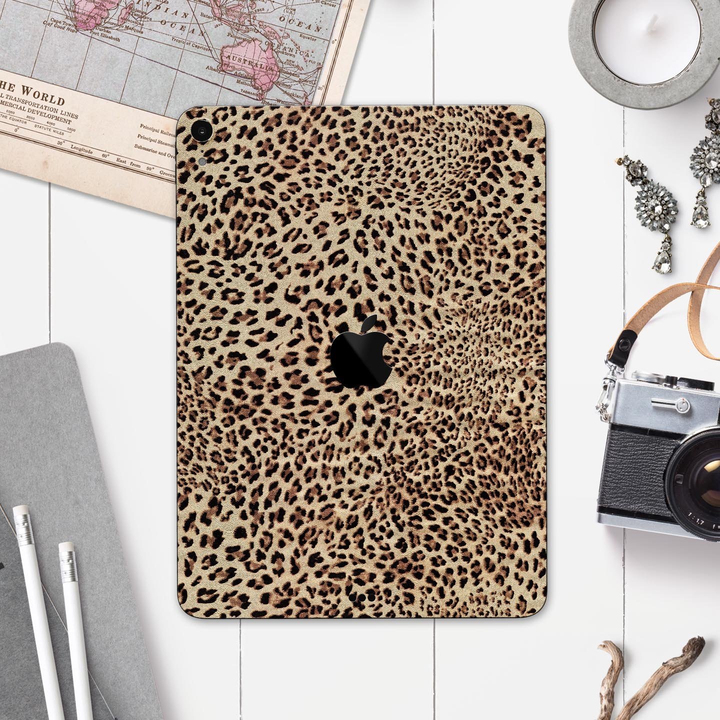 Brown Vector Leopard Print skin decal for Apple iPad, showcasing a stylish leopard pattern on a sleek surface.