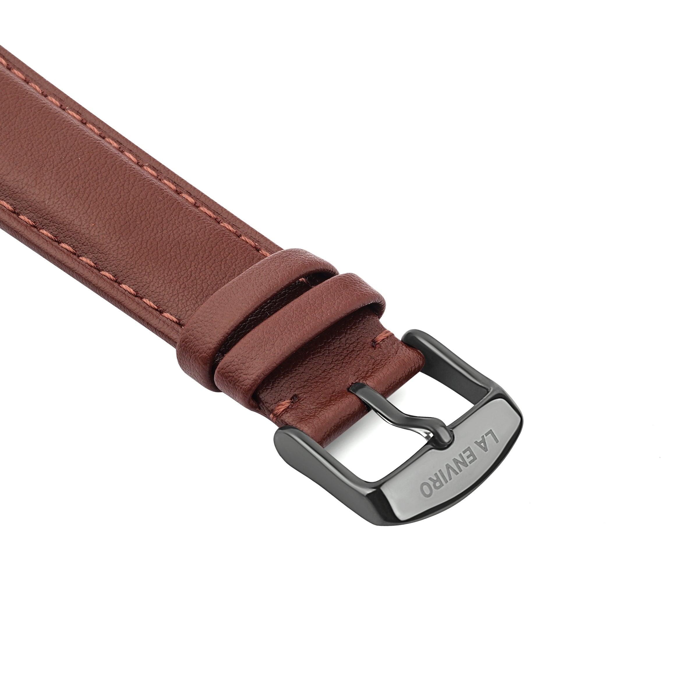 Brown Vegan Leather Strap with stainless steel buckle, 20mm width, showcasing its soft texture and elegant design.