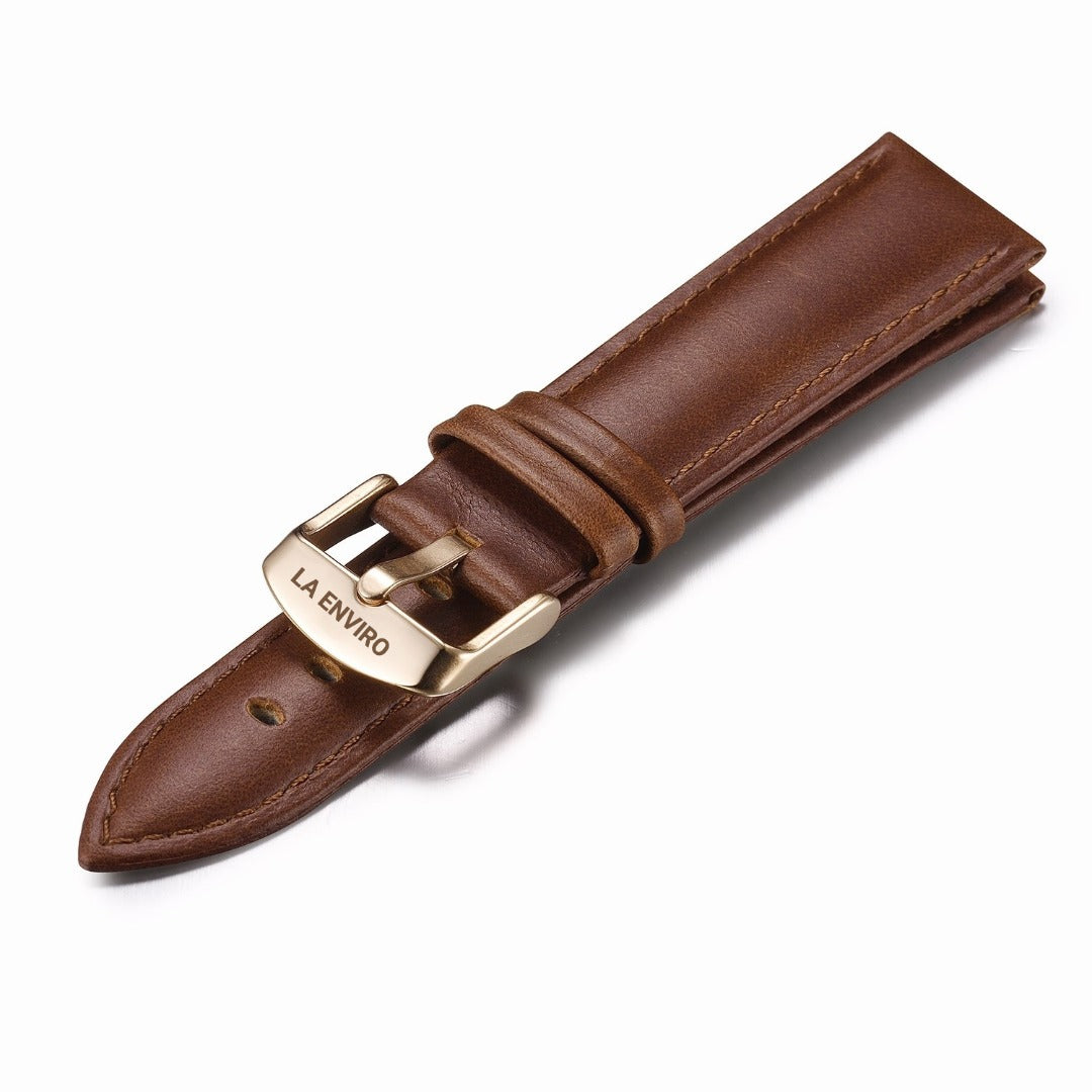 Brown Vegan Leather Strap with stainless steel buckle, 20mm width, showcasing its soft texture and elegant design.