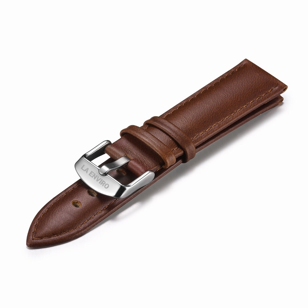 Brown Vegan Leather Strap with stainless steel buckle, 20mm width, showcasing its soft texture and elegant design.