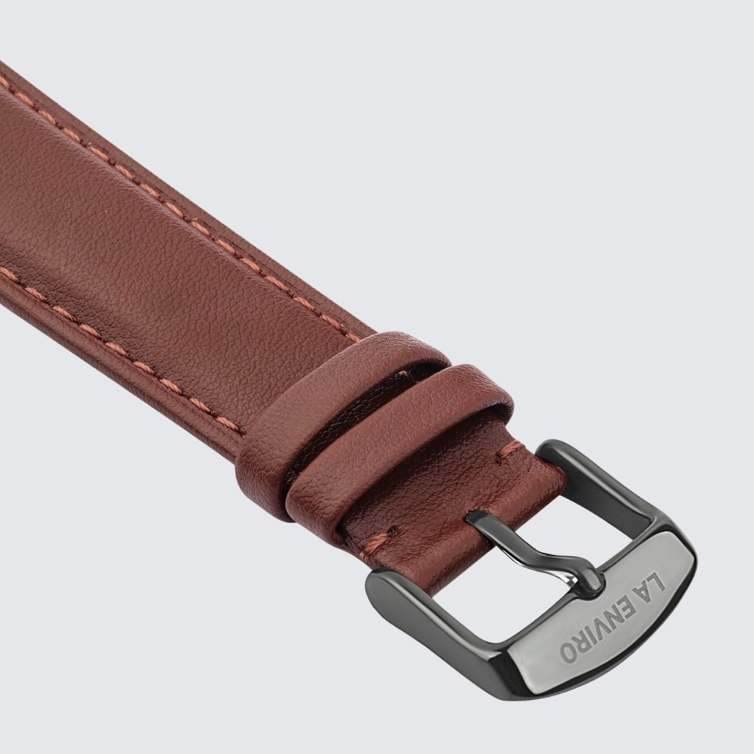 Brown Vegan Leather Strap with stainless steel buckle, 20mm width, showcasing its soft texture and elegant design.